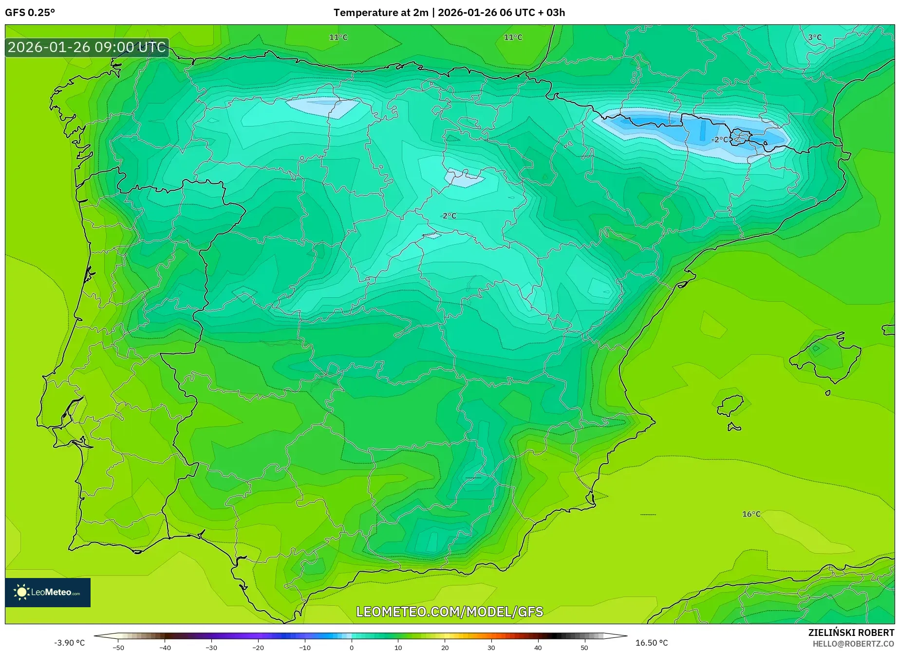 GFS model - İspanya, 2 m Sıcaklık