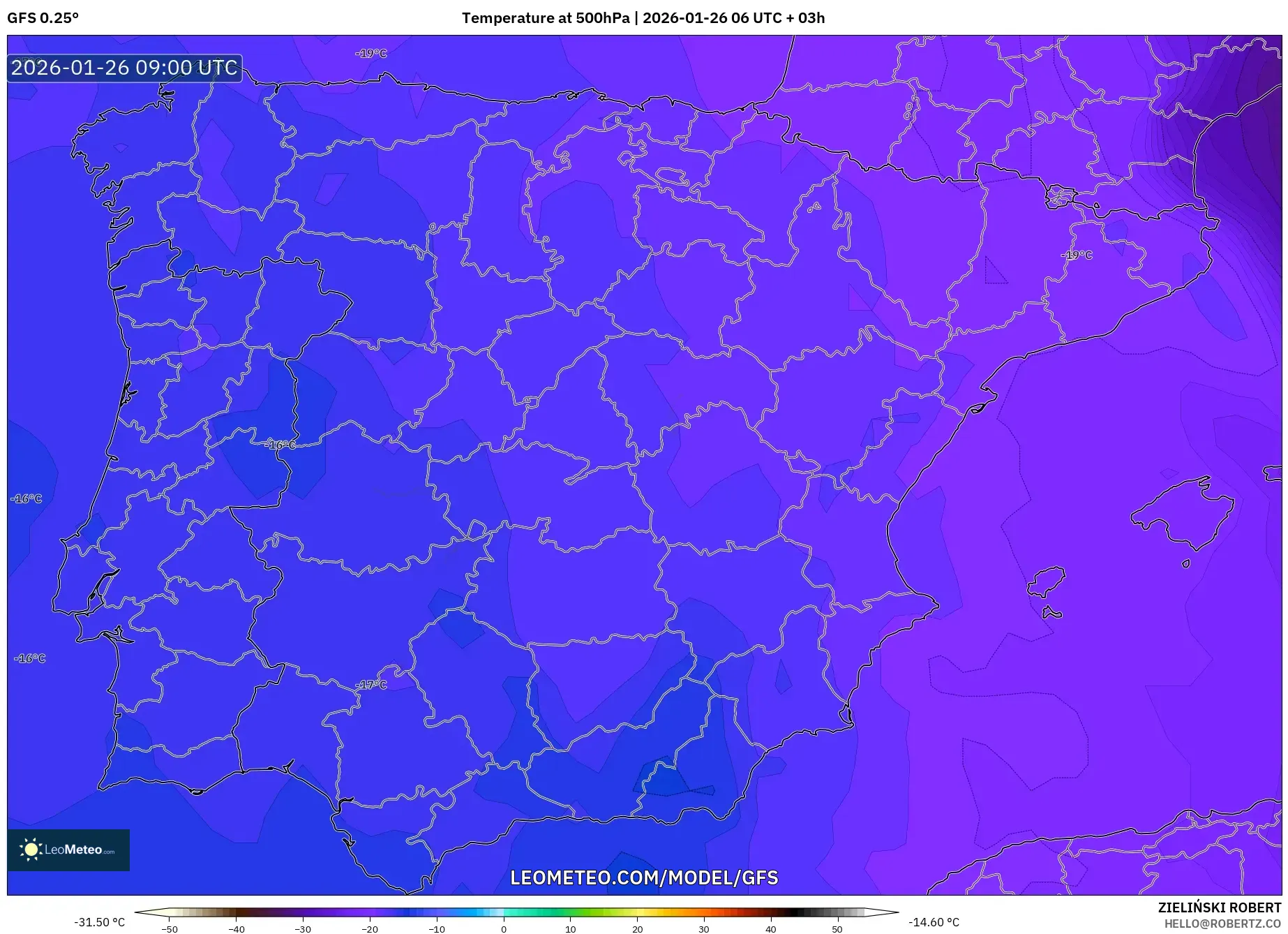 GFS model - İspanya, 500 hPa Sıcaklık