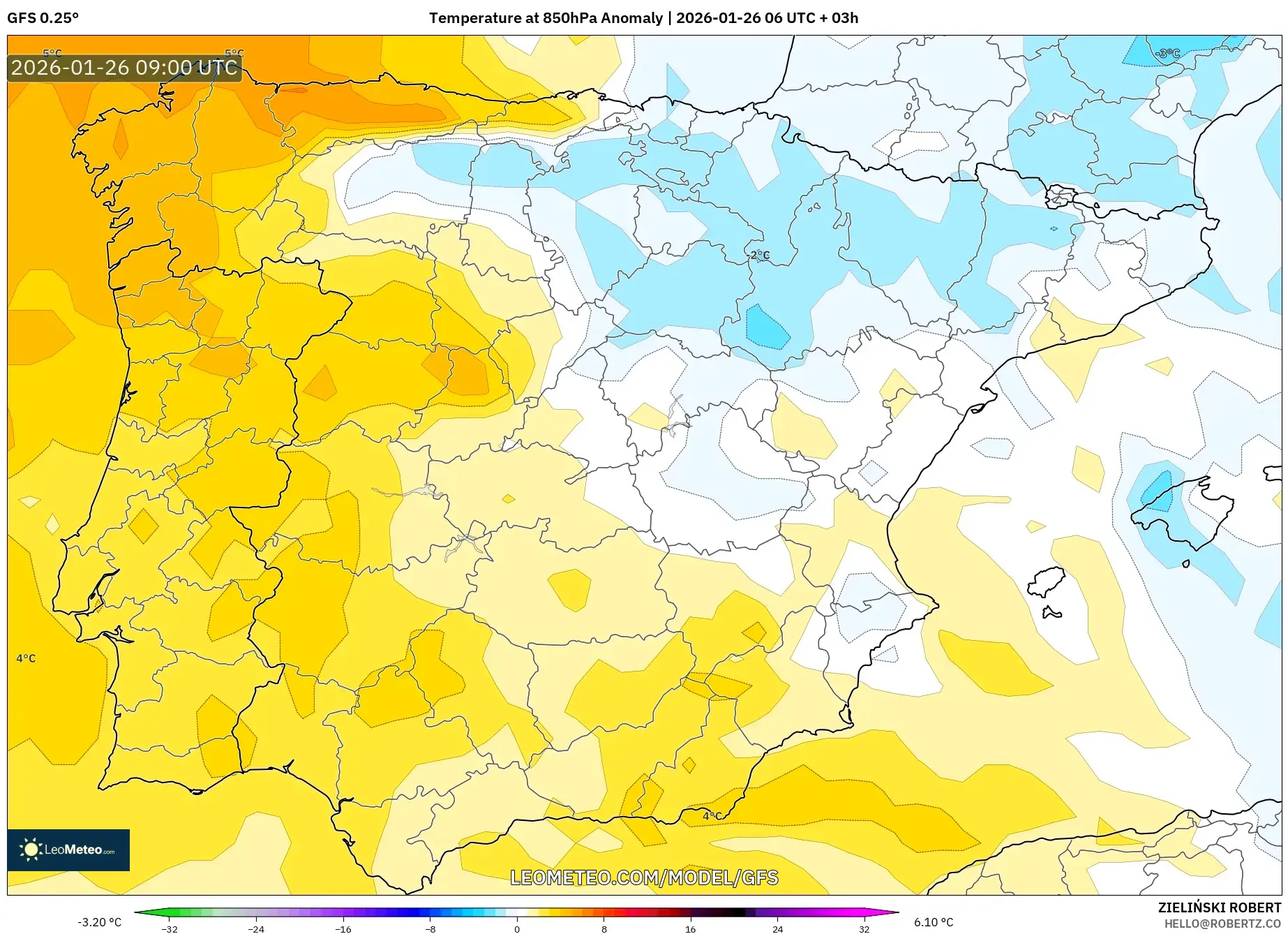 GFS model - İspanya, 850 hPa Sıcaklık Anomalisi