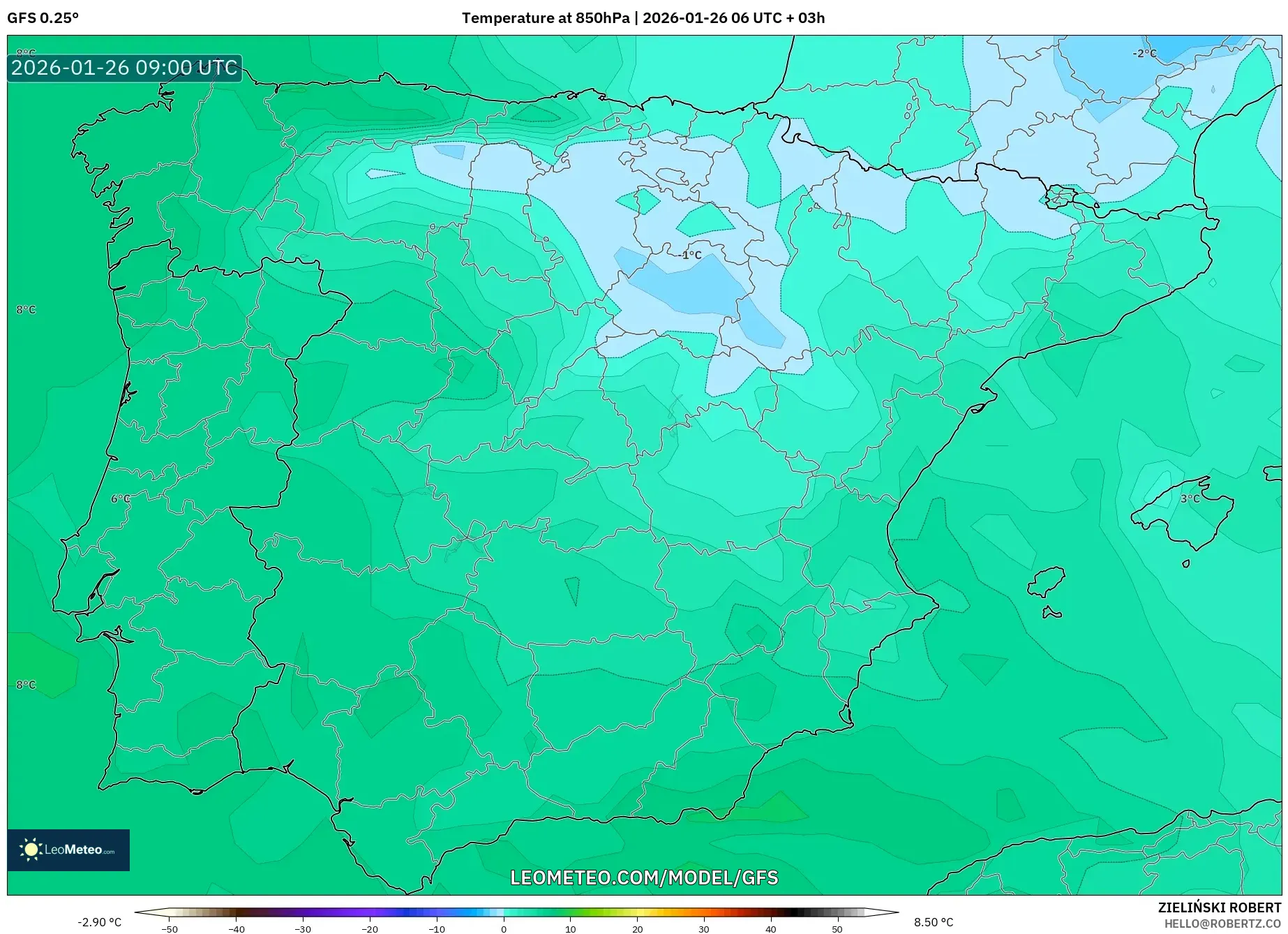 GFS model - İspanya, 850 hPa Sıcaklık