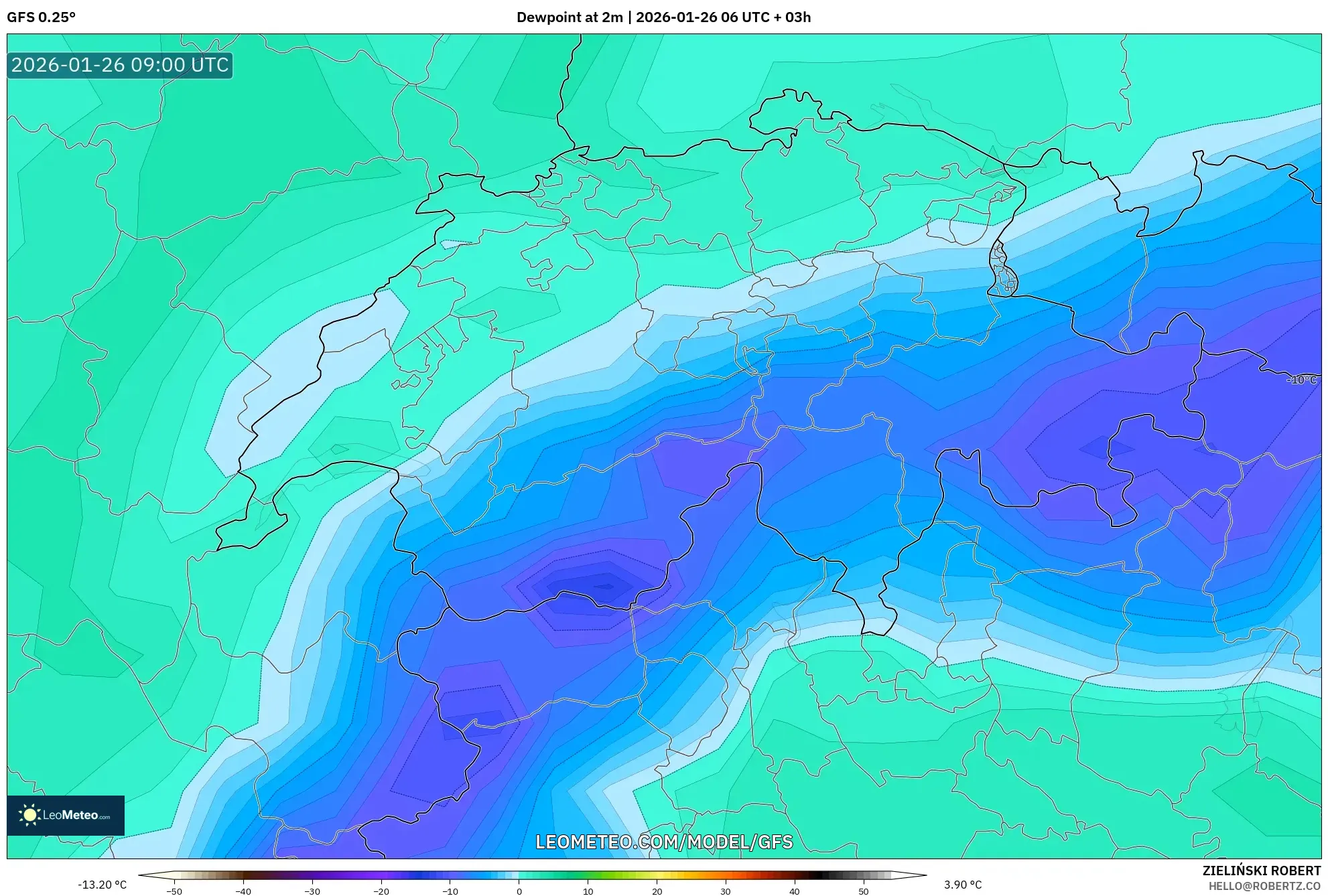 GFS model - İsviçre, 2 m Çiy Noktası