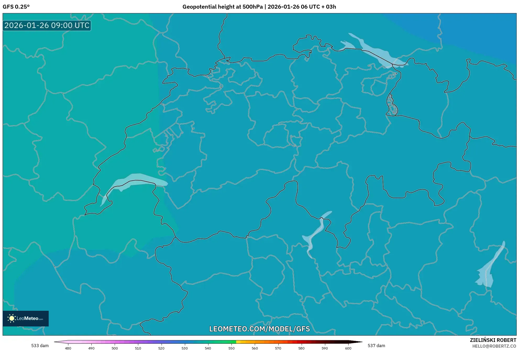 GFS model - İsviçre, 500 hPa’da jeopotansiyel yükseklik