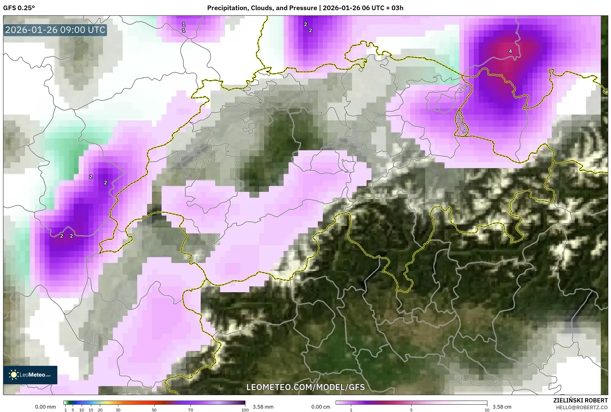 GFS model - İsviçre, Yağış, Bulut ve Basınç