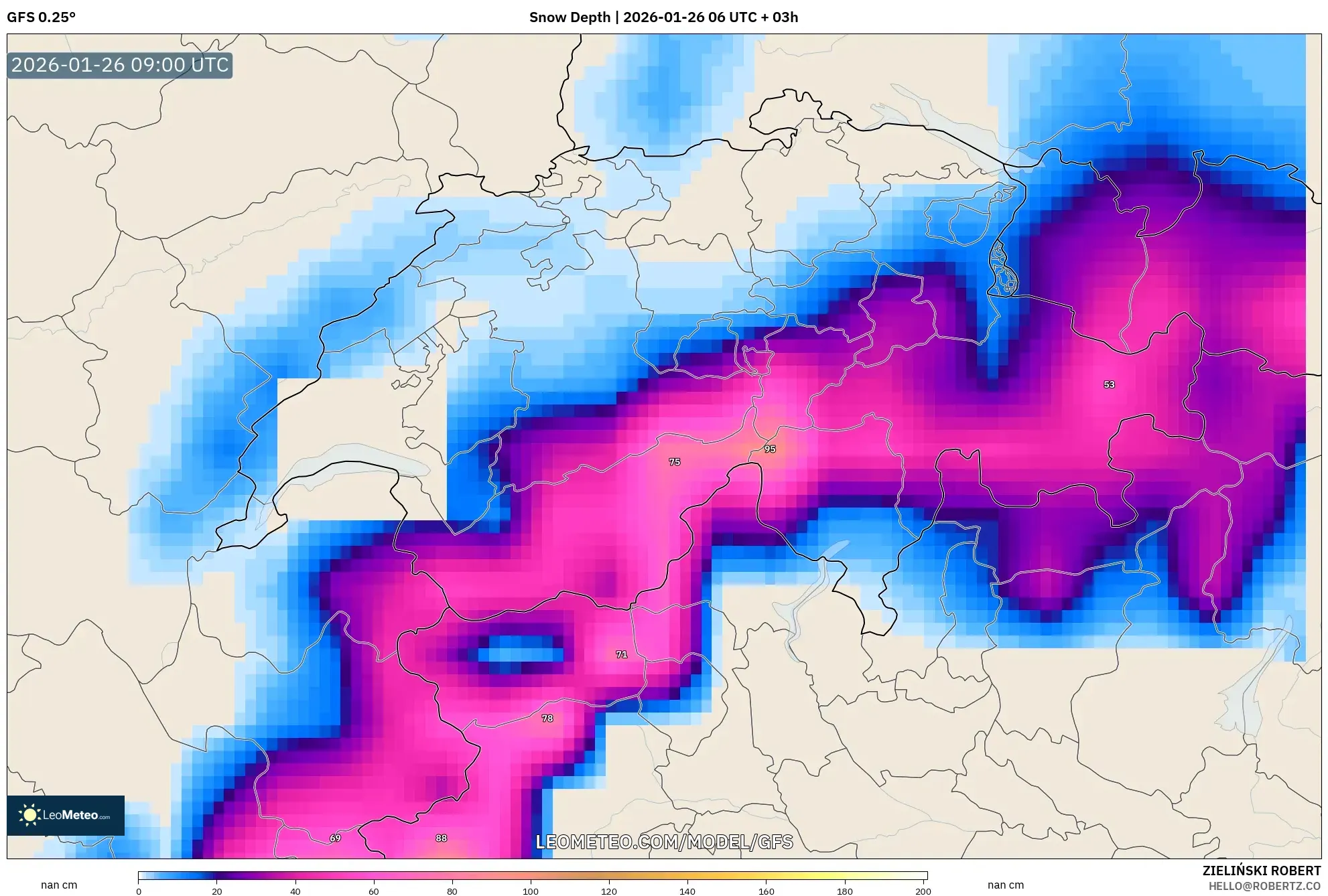 GFS model - İsviçre, Kar Kalınlığı