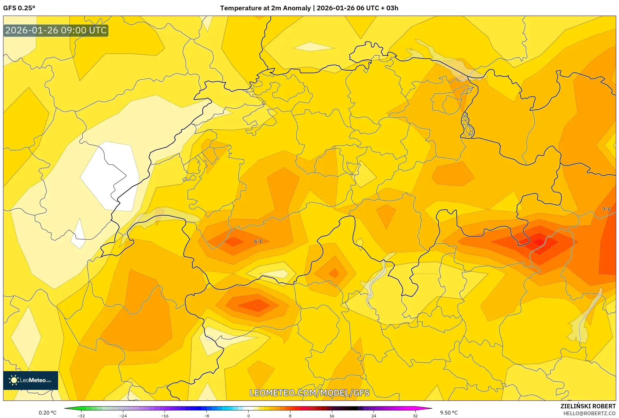 GFS model - İsviçre, 2 m Sıcaklık Anomalisi