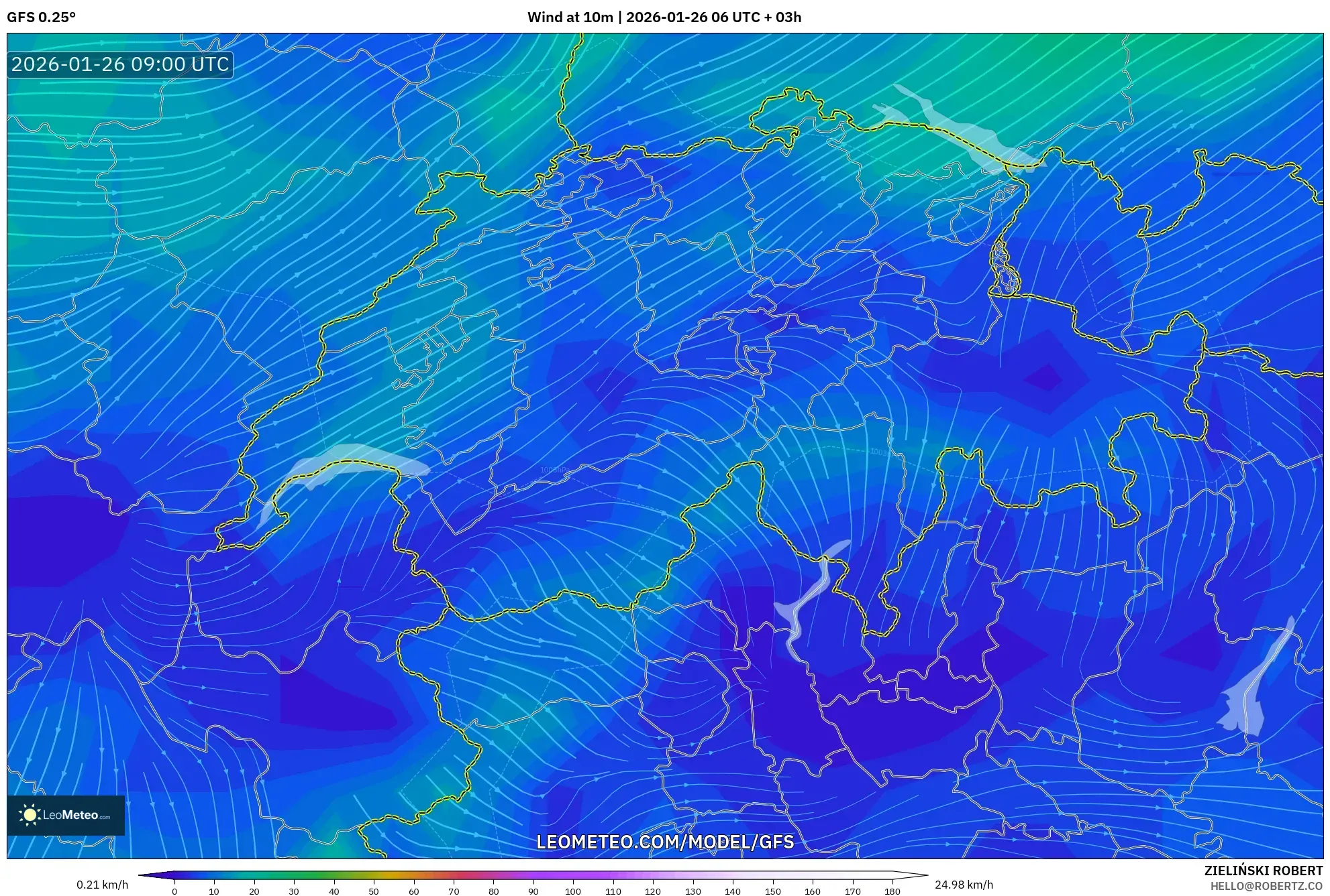 GFS model - İsviçre, 10 m Rüzgâr