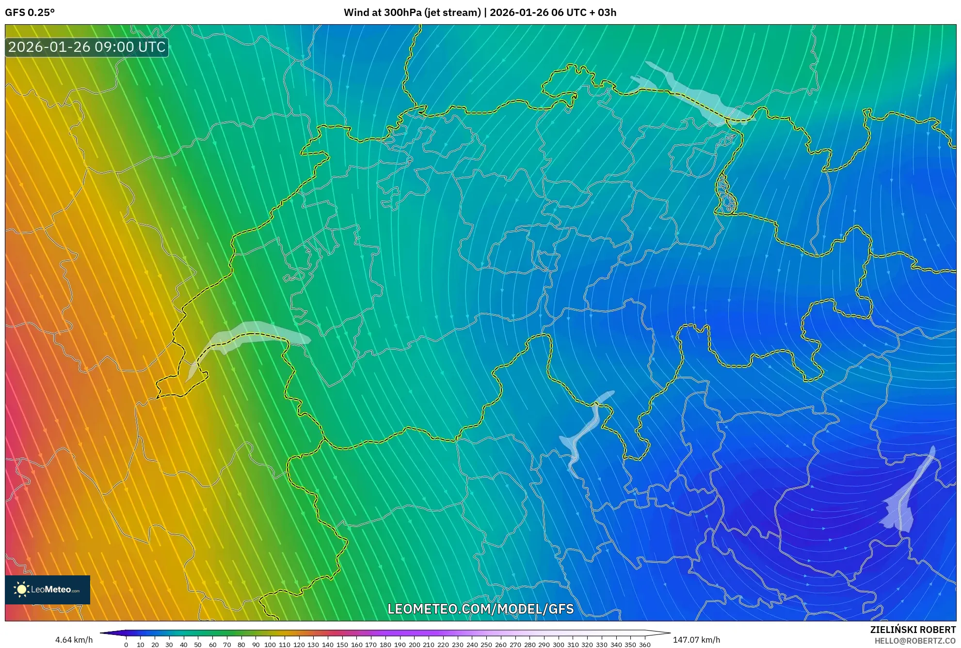 GFS model - İsviçre, 300 hPa Rüzgârı (jet)