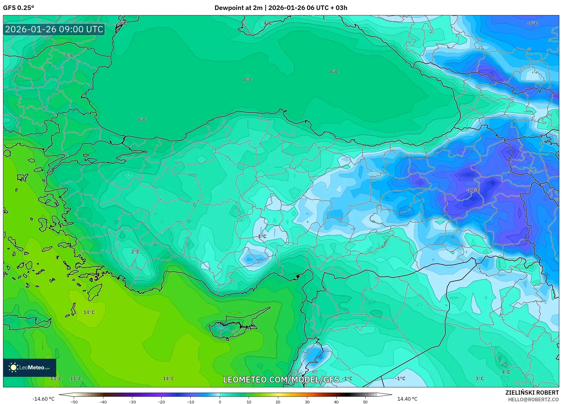 GFS model - Türkiye, 2 m Çiy Noktası