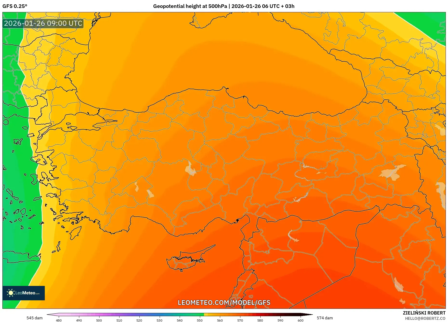 GFS model - Türkiye, 500 hPa’da jeopotansiyel yükseklik