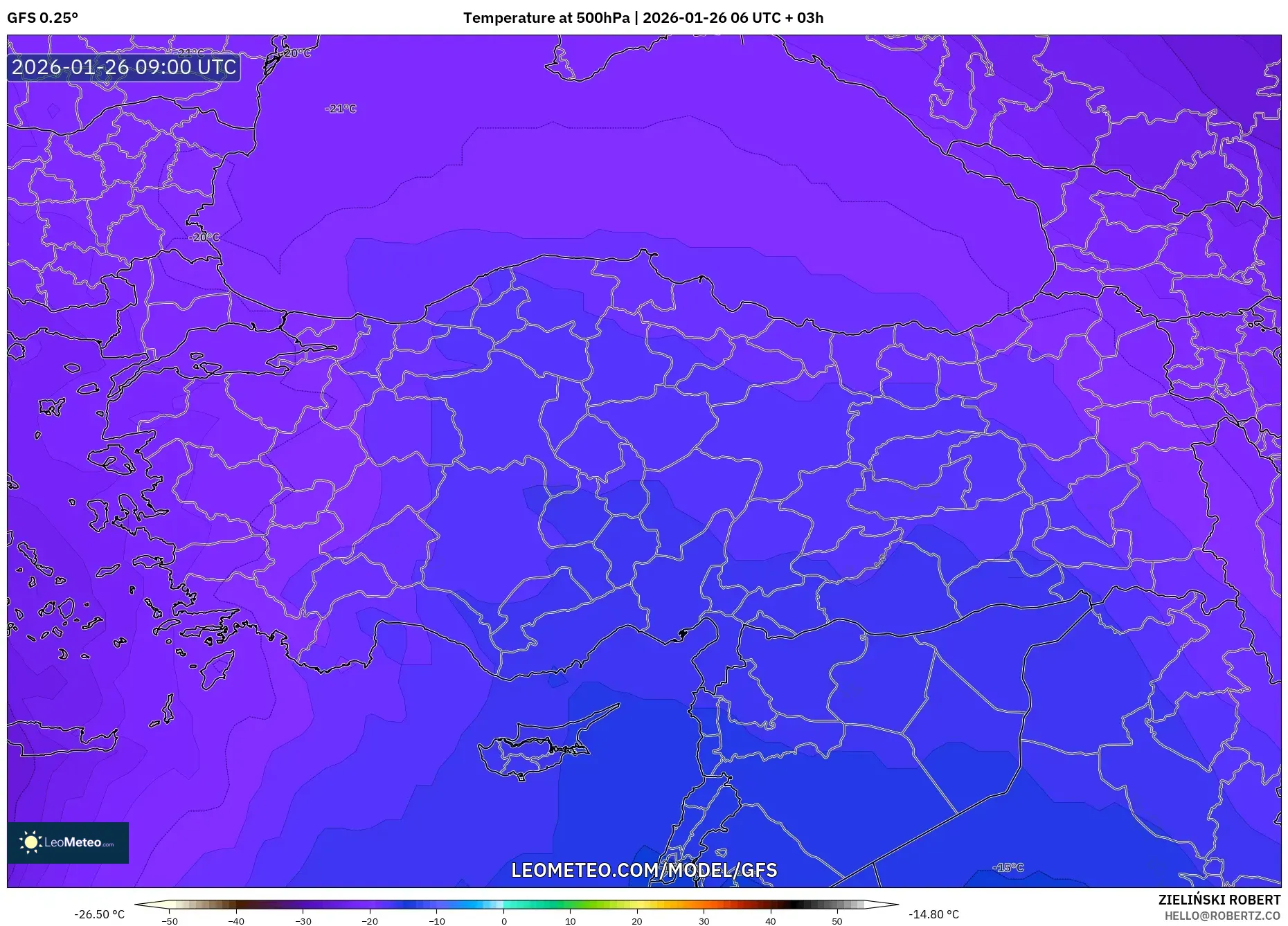 GFS model - Türkiye, 500 hPa Sıcaklık