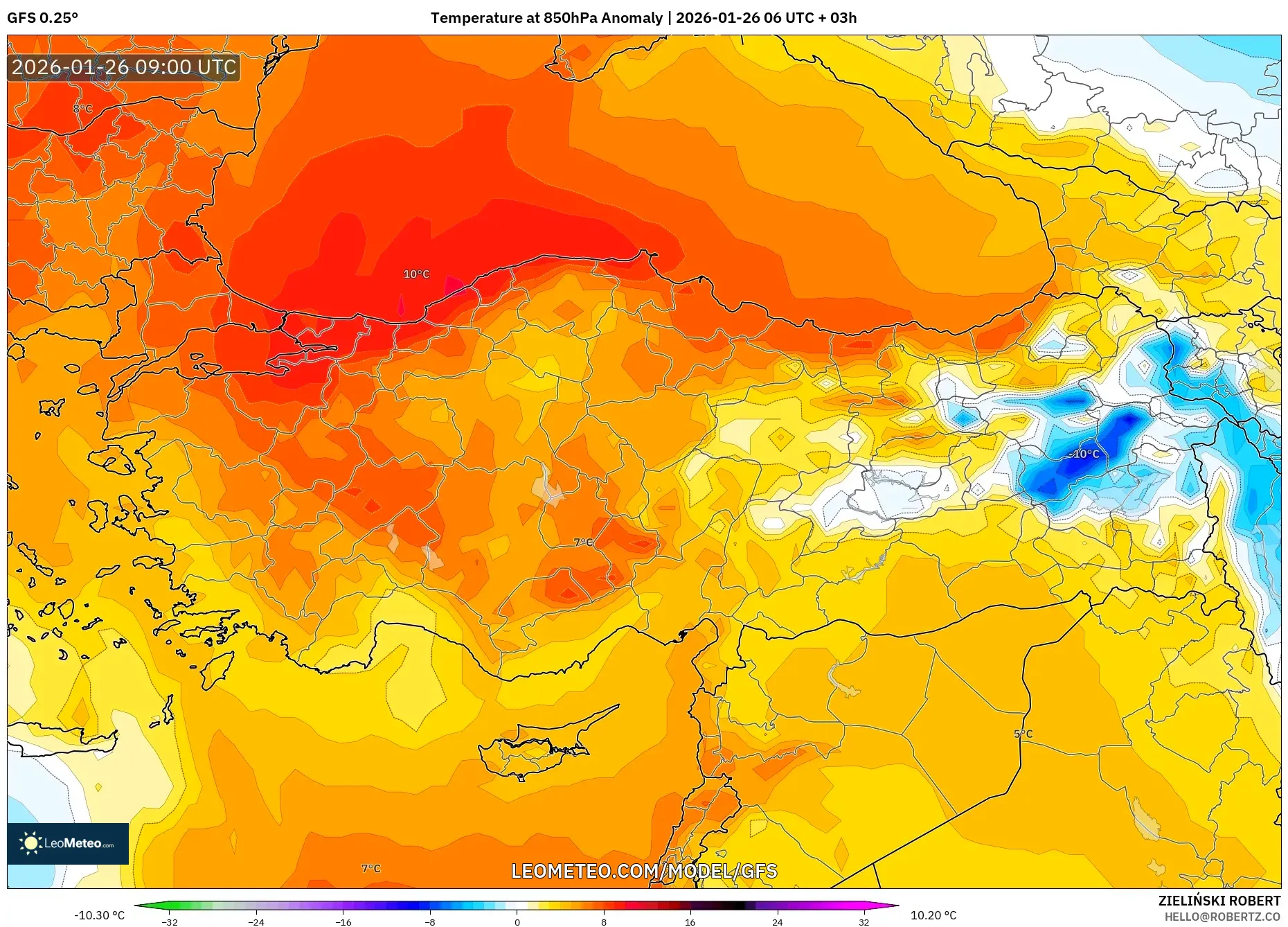 GFS model - Türkiye, 850 hPa Sıcaklık Anomalisi