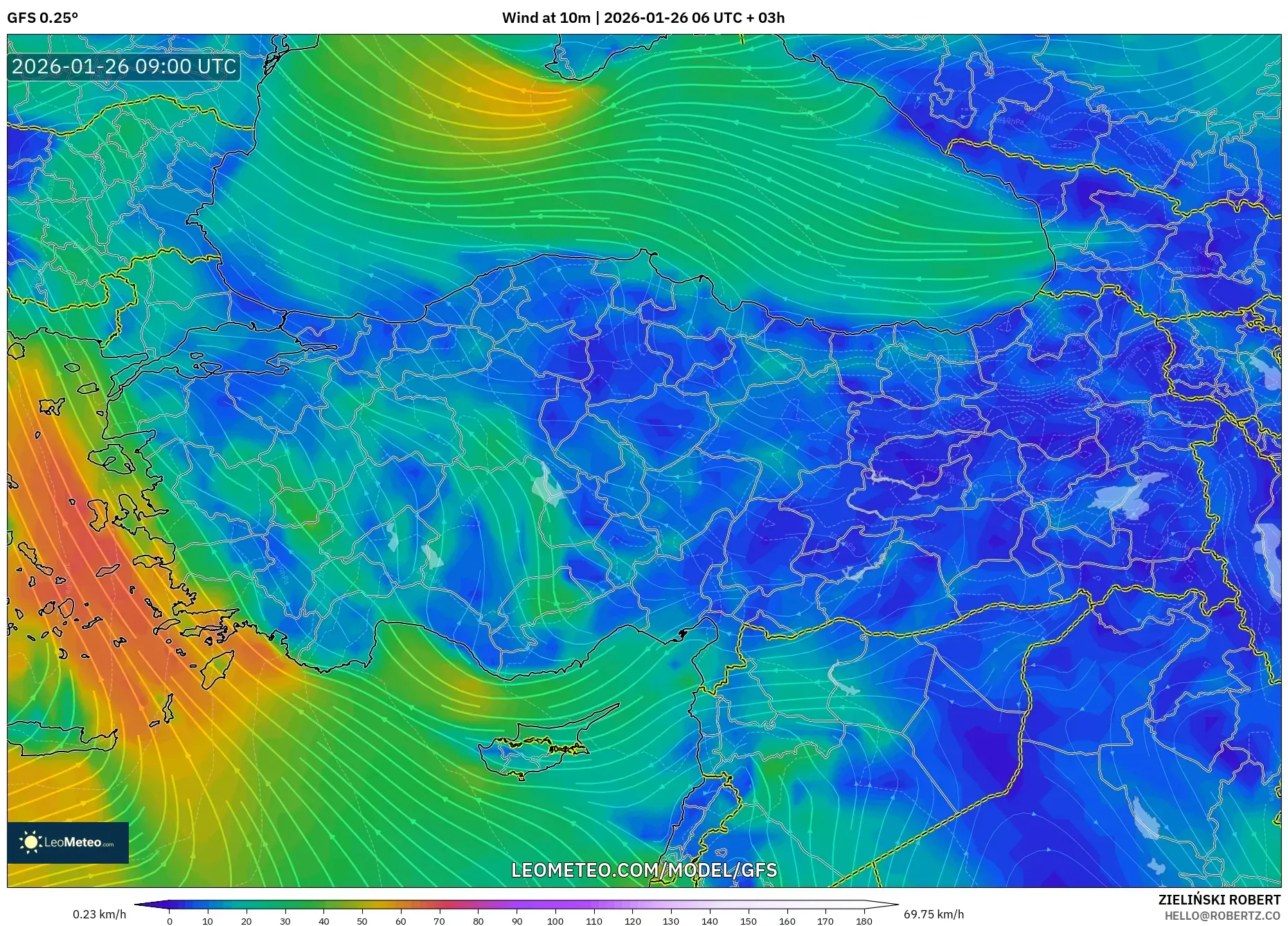 GFS model - Türkiye, 10 m Rüzgâr