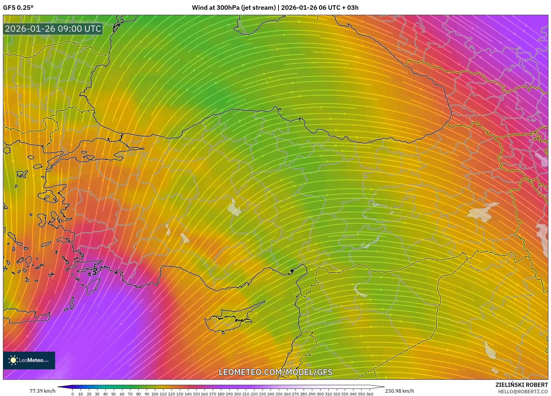 GFS model - Türkiye, 300 hPa Rüzgârı (jet)