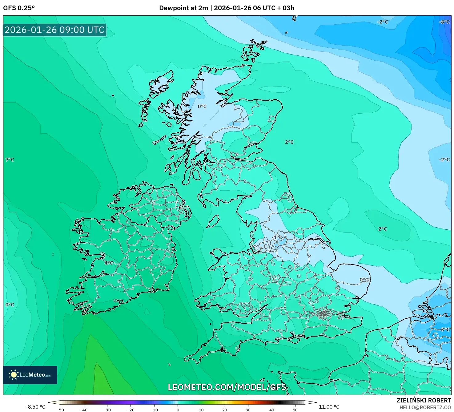 GFS model - Birleşik Krallık, 2 m Çiy Noktası