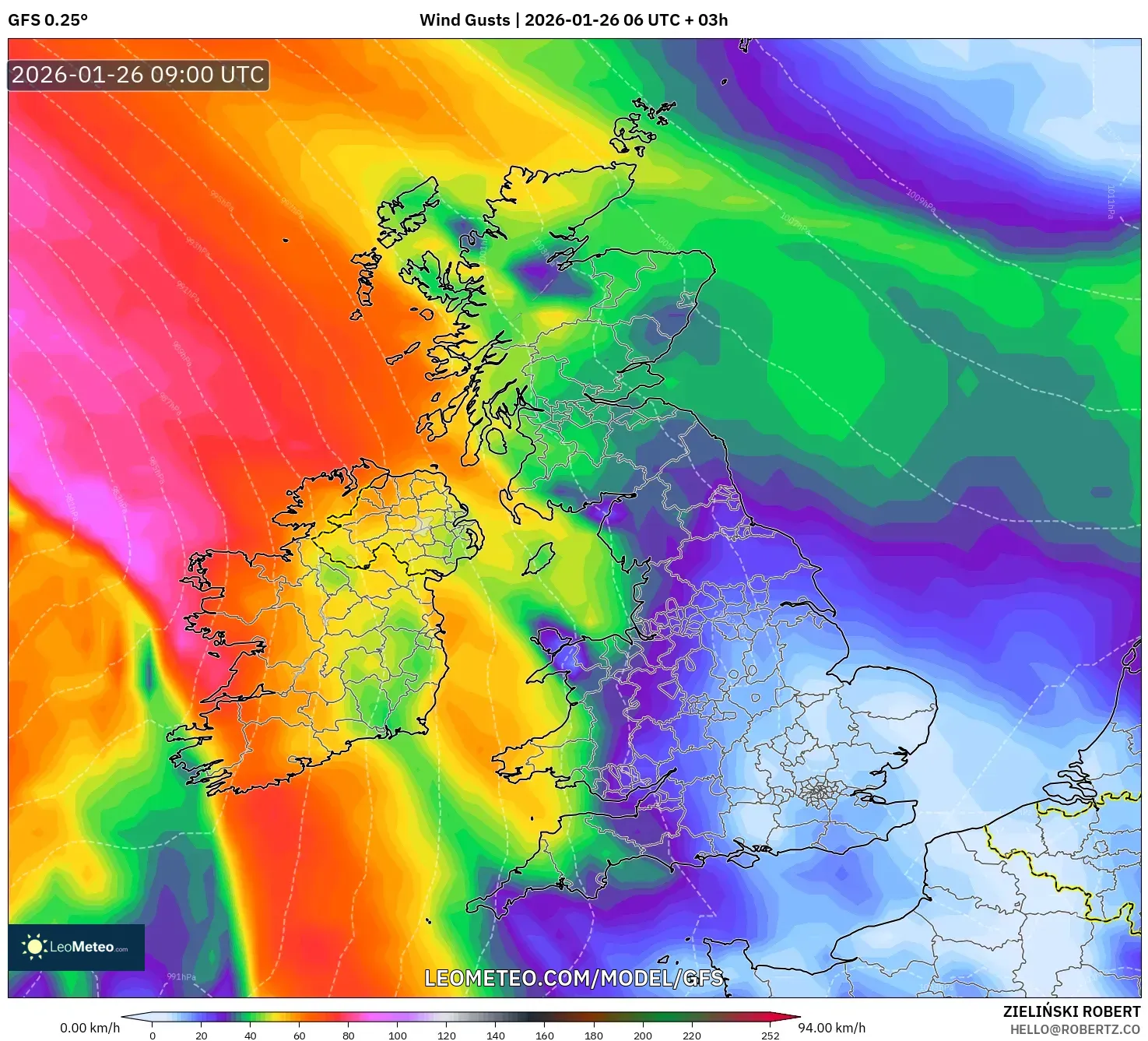 GFS model - Birleşik Krallık, Rüzgâr Esintileri