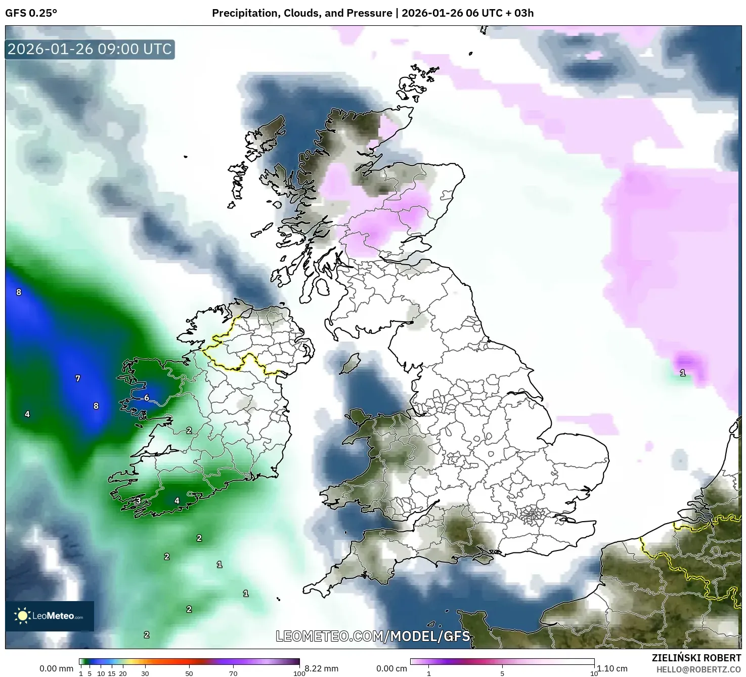 GFS model - Birleşik Krallık, Yağış, Bulut ve Basınç
