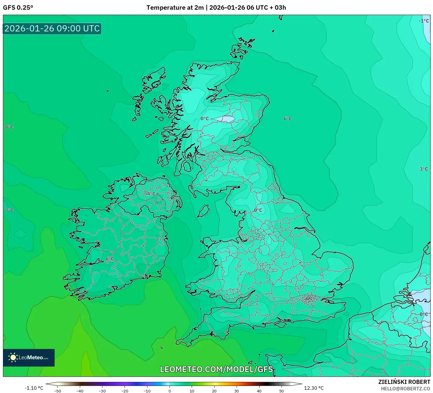 GFS model - Birleşik Krallık, 2 m Sıcaklık
