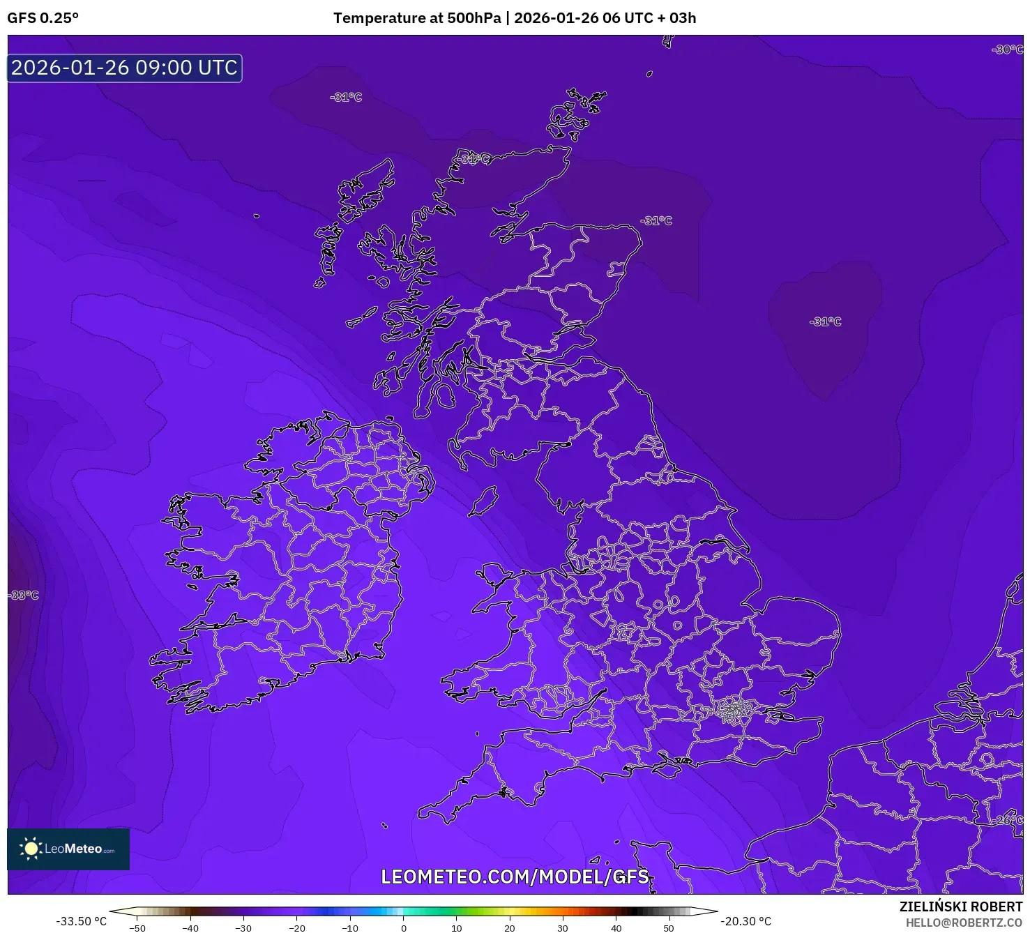 GFS model - Birleşik Krallık, 500 hPa Sıcaklık