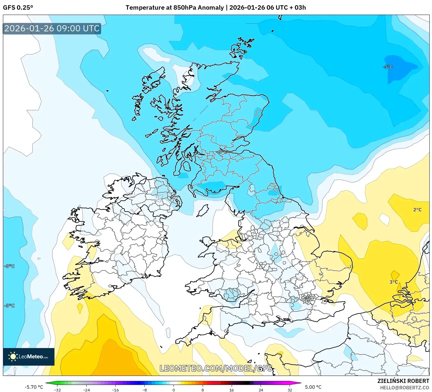 GFS model - Birleşik Krallık, 850 hPa Sıcaklık Anomalisi