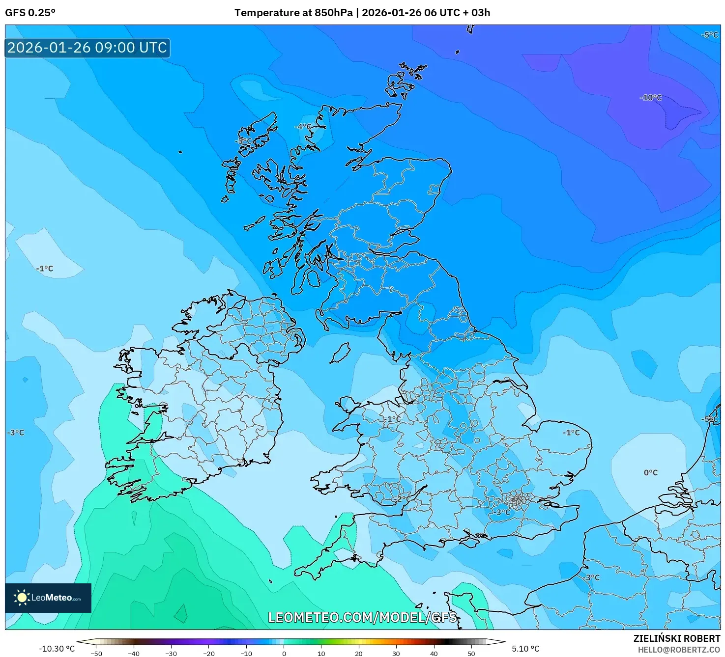 GFS model - Birleşik Krallık, 850 hPa Sıcaklık