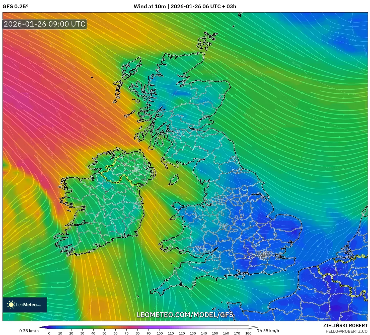 GFS model - Birleşik Krallık, 10 m Rüzgâr