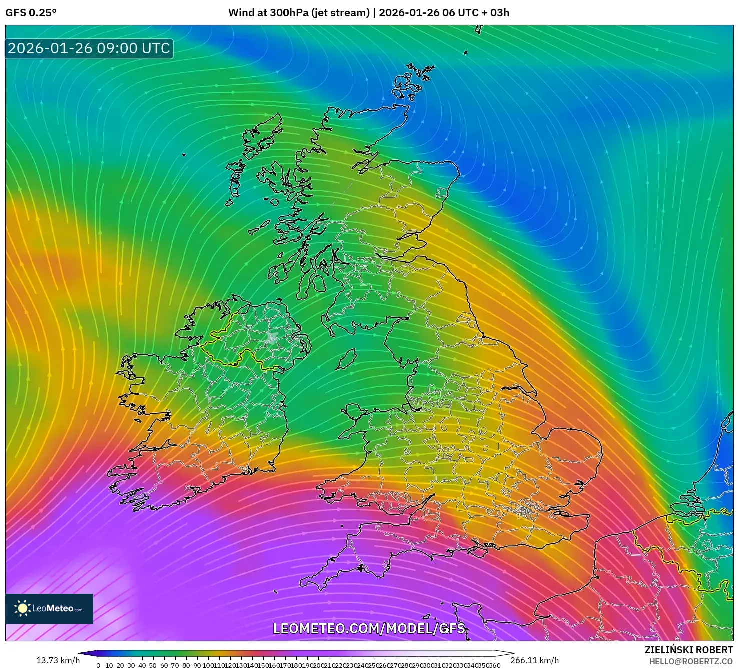 GFS model - Birleşik Krallık, 300 hPa Rüzgârı (jet)