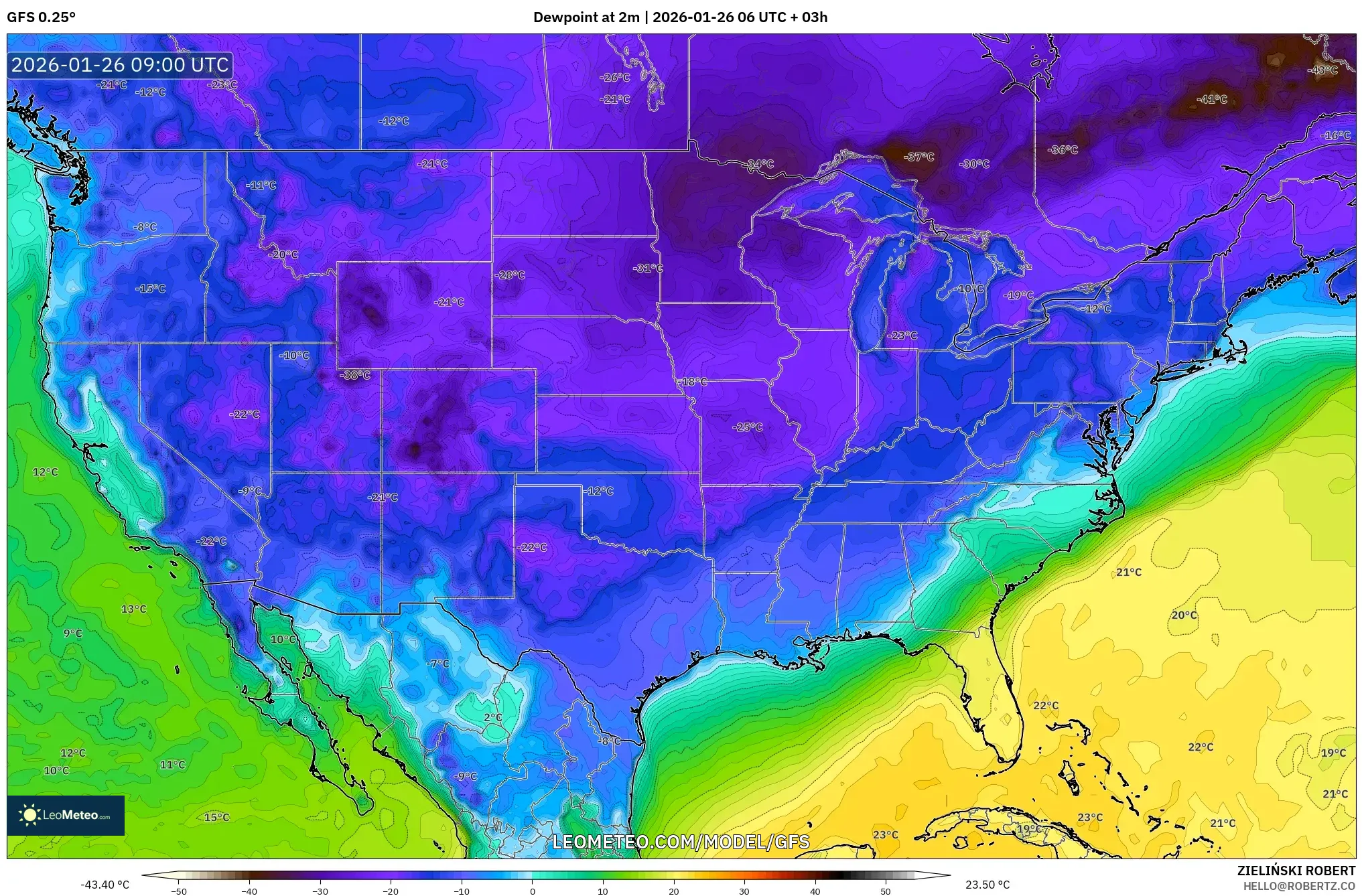 GFS model - Amerika Birleşik Devletleri, 2 m Çiy Noktası