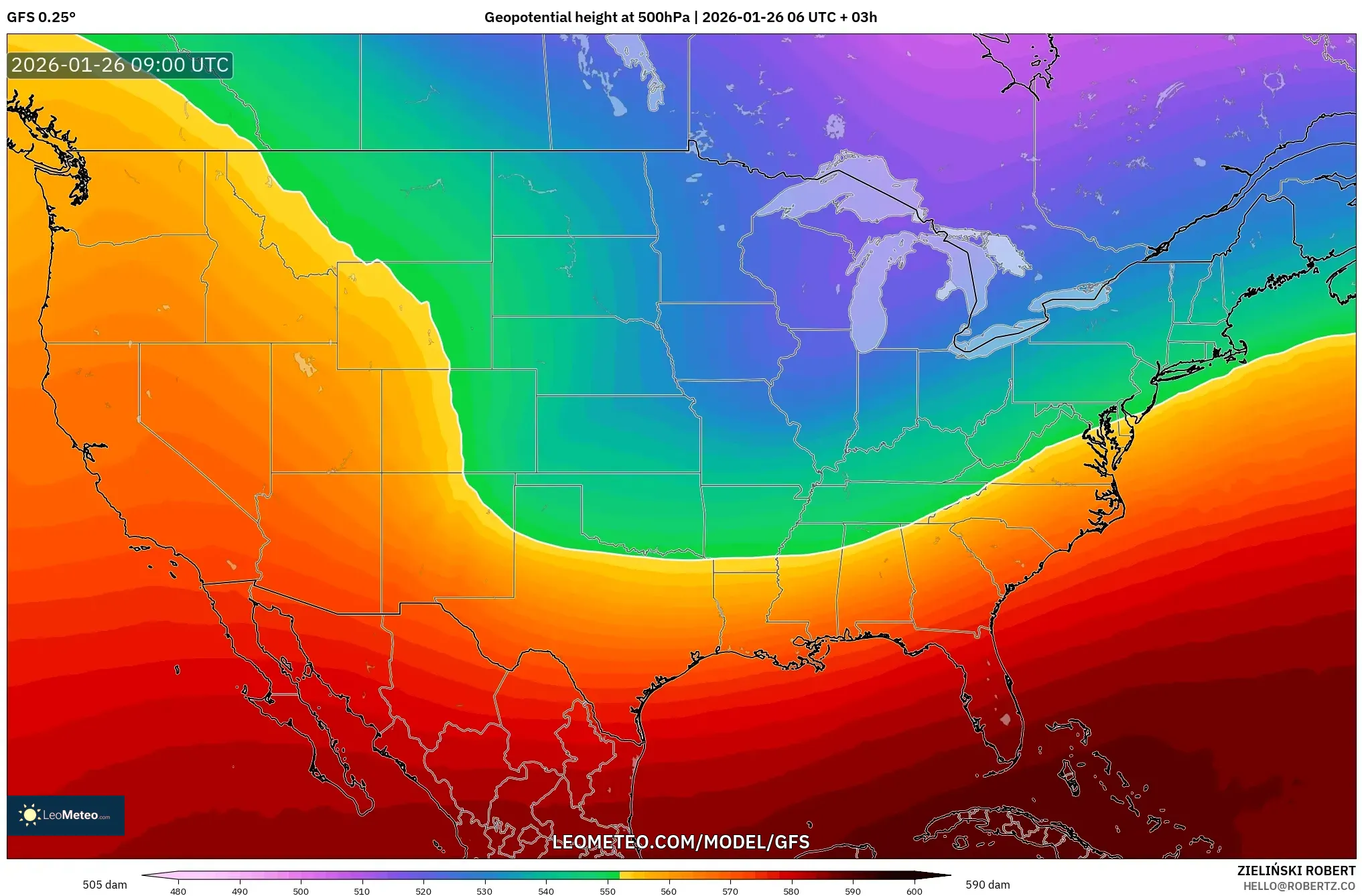 GFS model - Amerika Birleşik Devletleri, 500 hPa’da jeopotansiyel yükseklik
