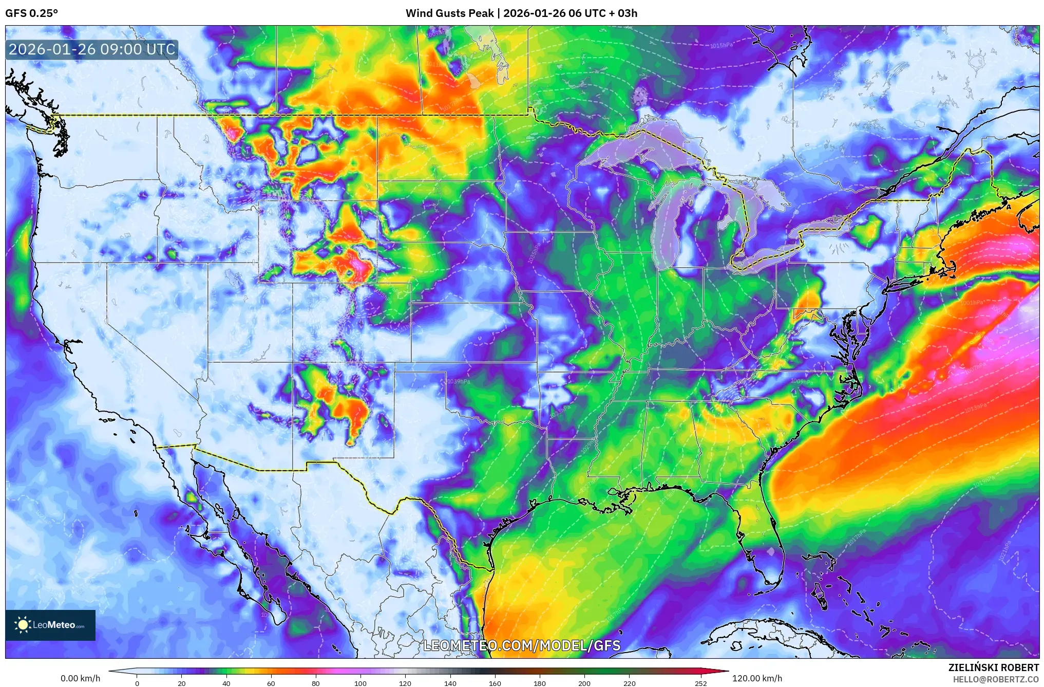 GFS model - Amerika Birleşik Devletleri, En Yüksek Rüzgâr