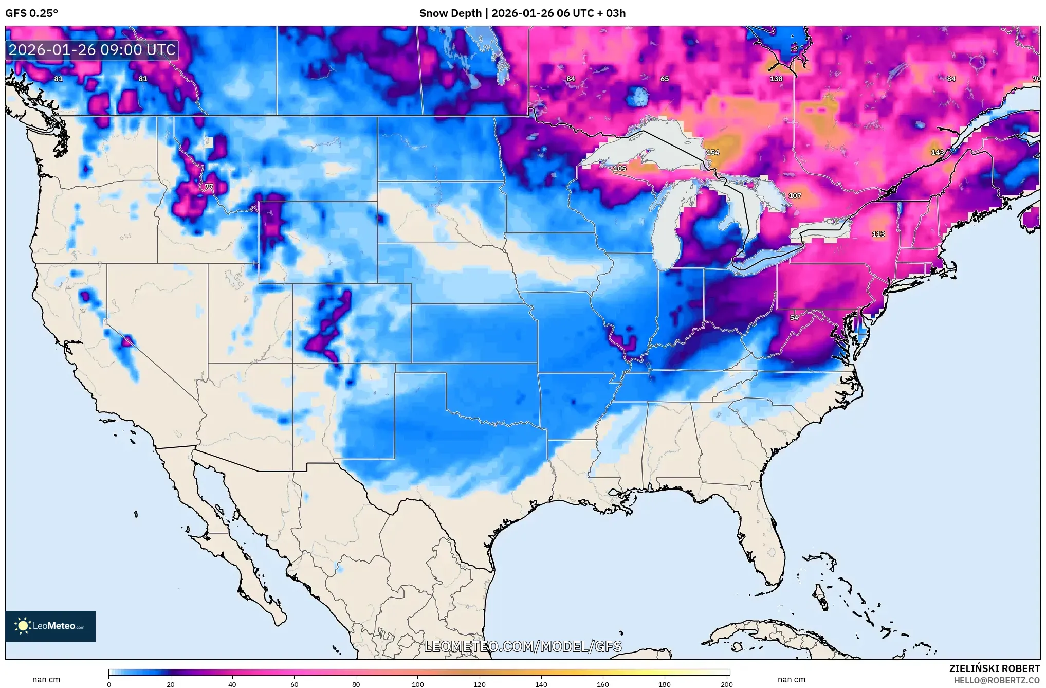 GFS model - Amerika Birleşik Devletleri, Kar Kalınlığı