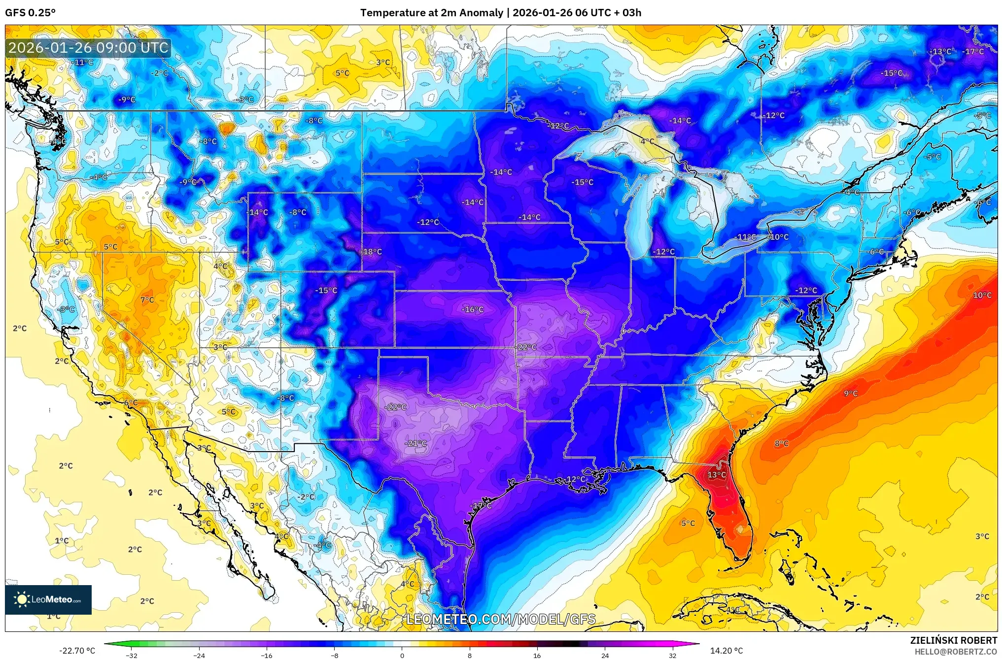 GFS model - Amerika Birleşik Devletleri, 2 m Sıcaklık Anomalisi