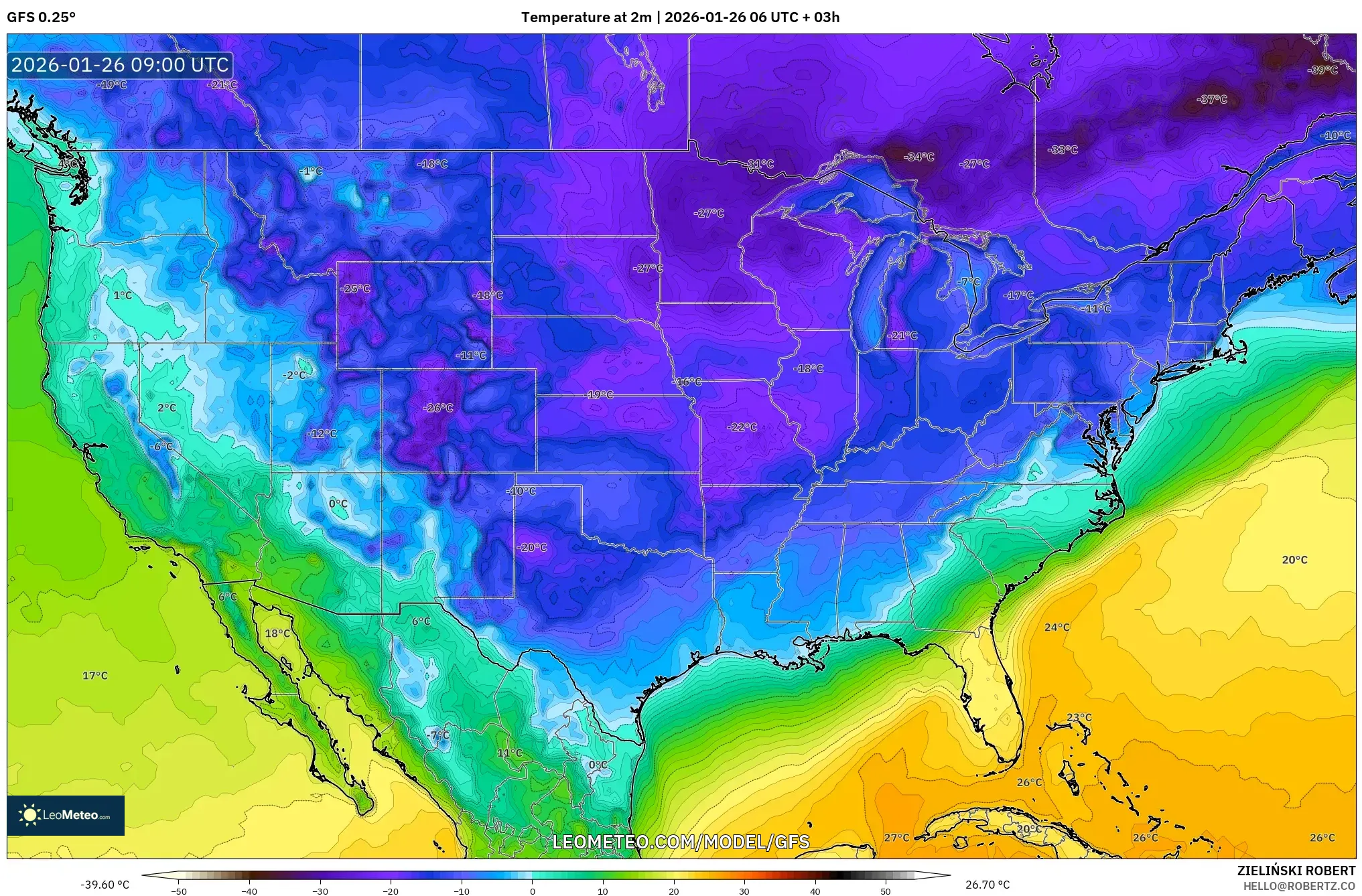 GFS model - Amerika Birleşik Devletleri, 2 m Sıcaklık