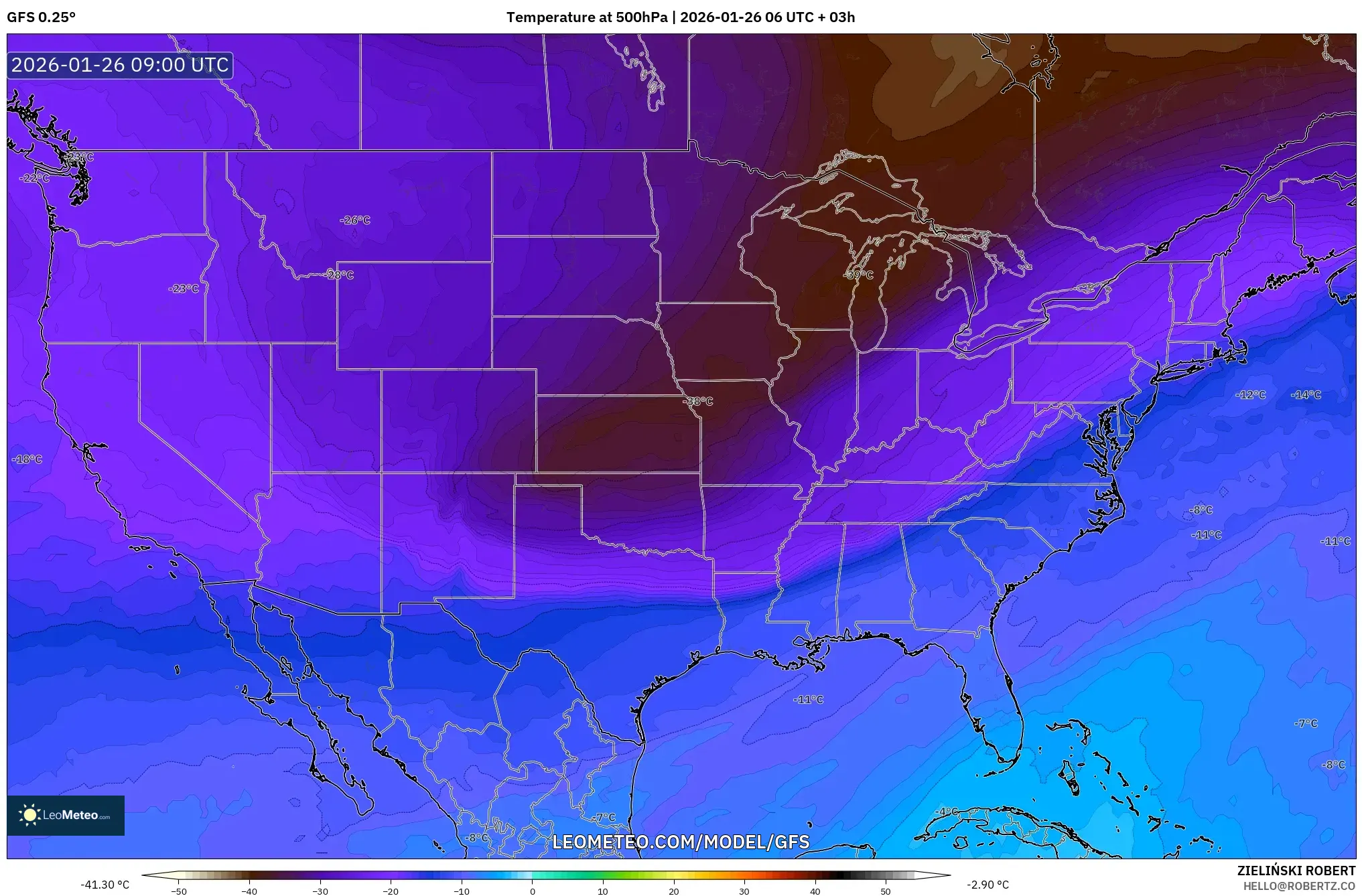 GFS model - Amerika Birleşik Devletleri, 500 hPa Sıcaklık