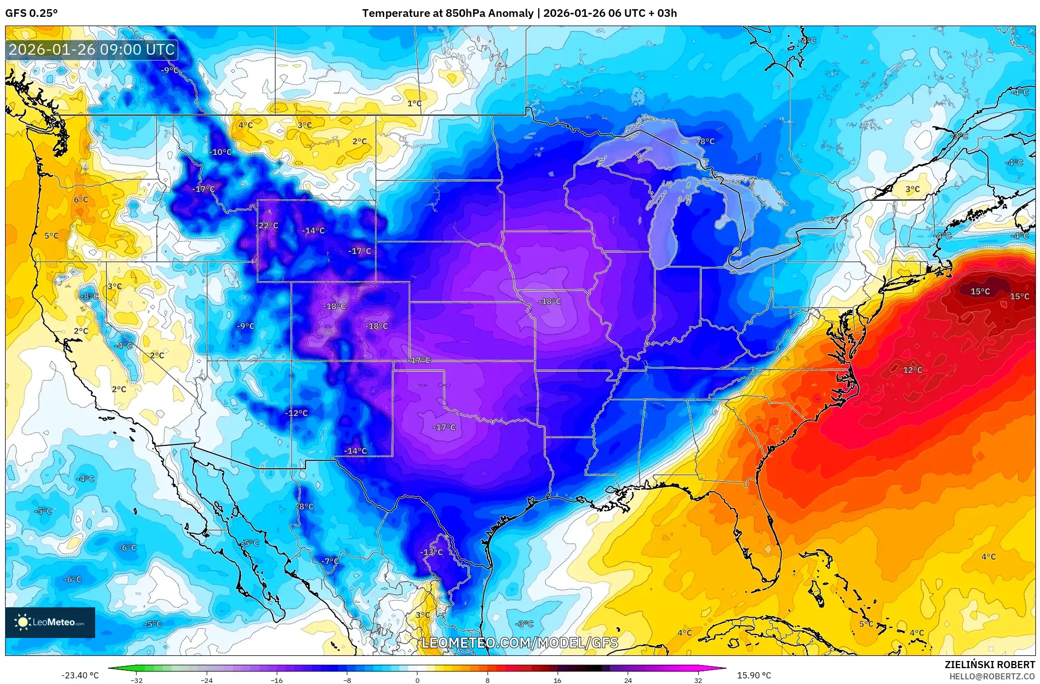 GFS model - Amerika Birleşik Devletleri, 850 hPa Sıcaklık Anomalisi