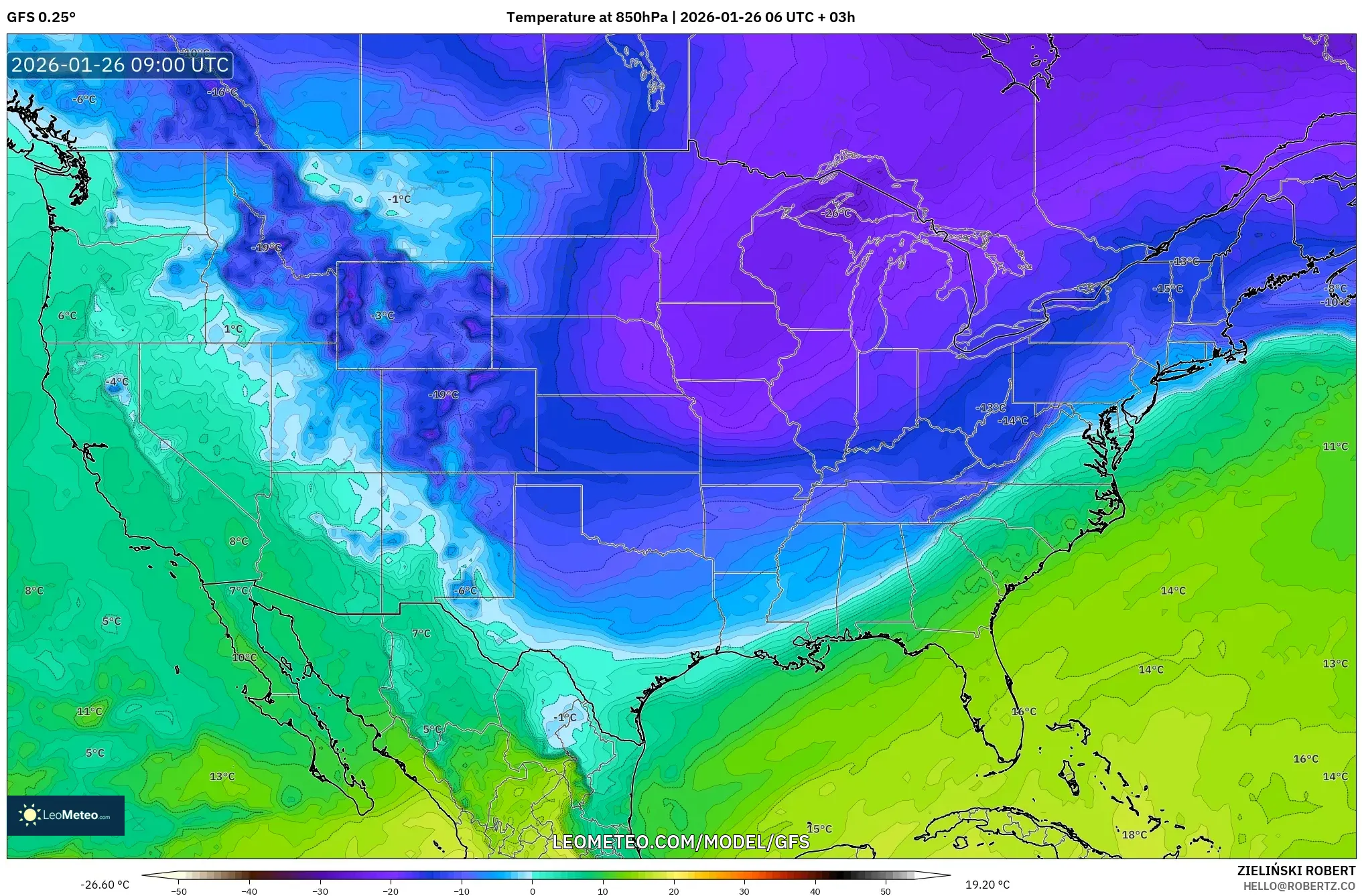 GFS model - Amerika Birleşik Devletleri, 850 hPa Sıcaklık