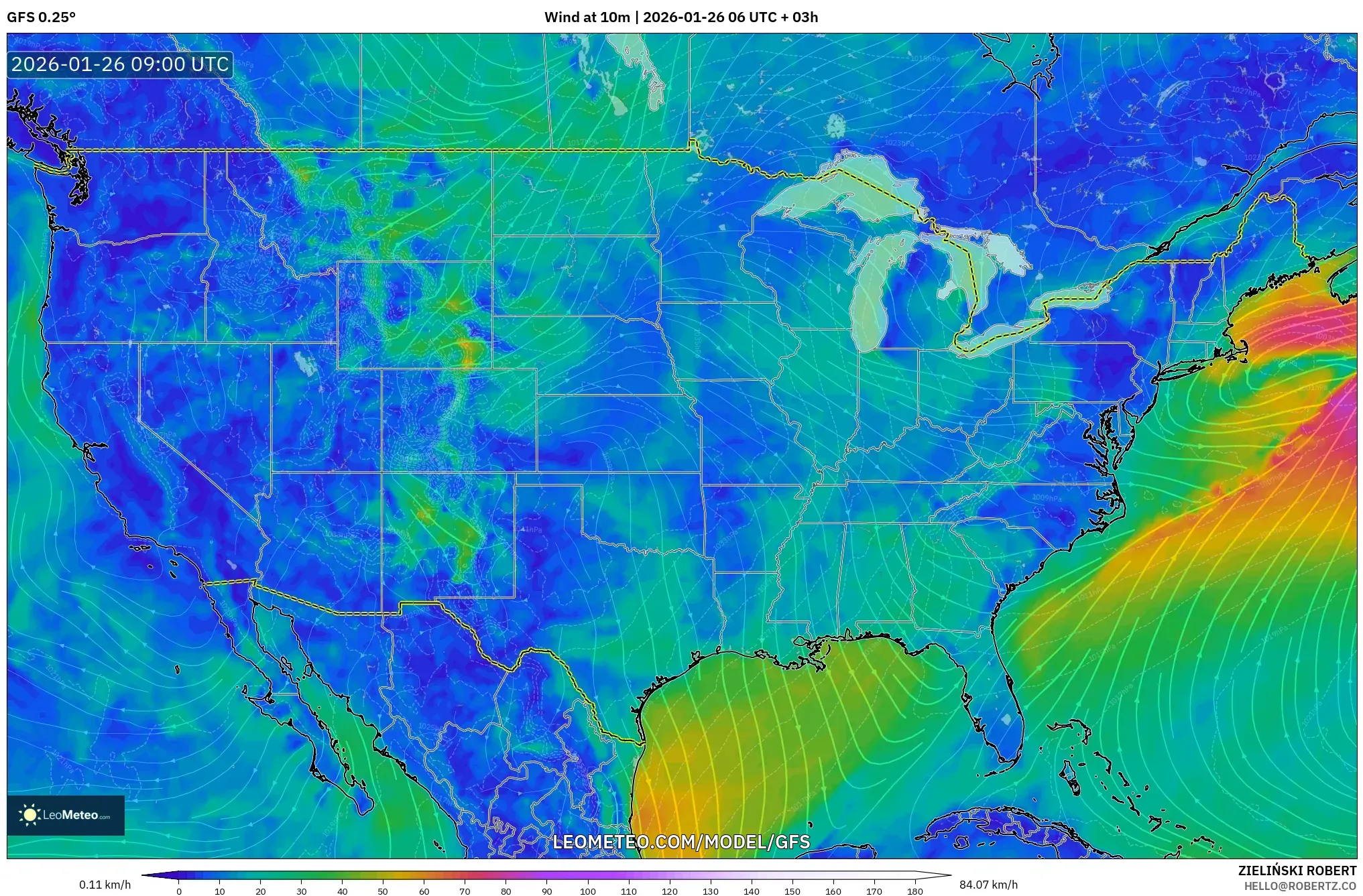 GFS model - Amerika Birleşik Devletleri, 10 m Rüzgâr