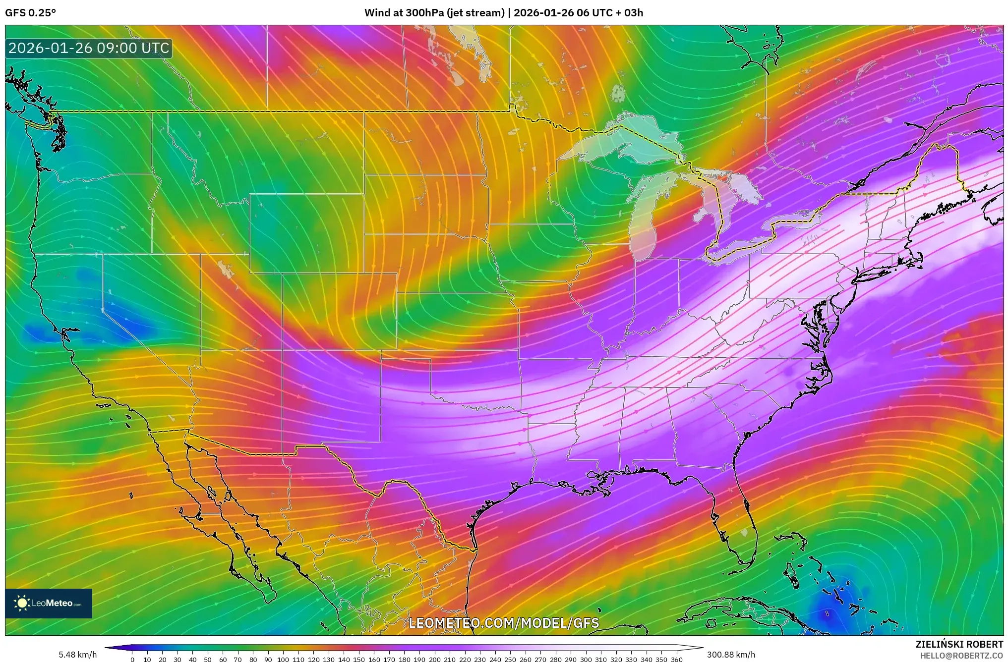 GFS model - Amerika Birleşik Devletleri, 300 hPa Rüzgârı (jet)