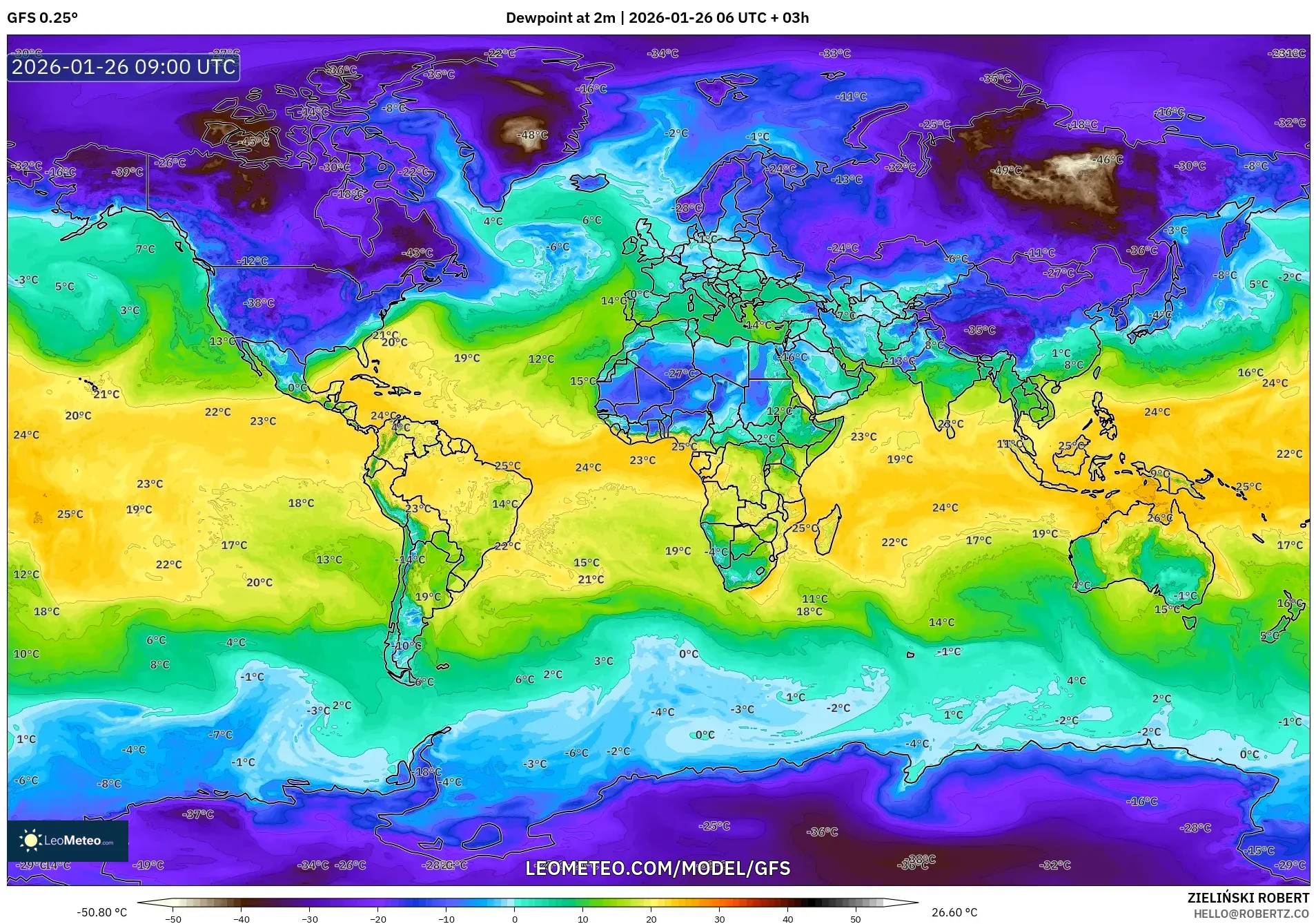 GFS model - Dünya, 2 m Çiy Noktası