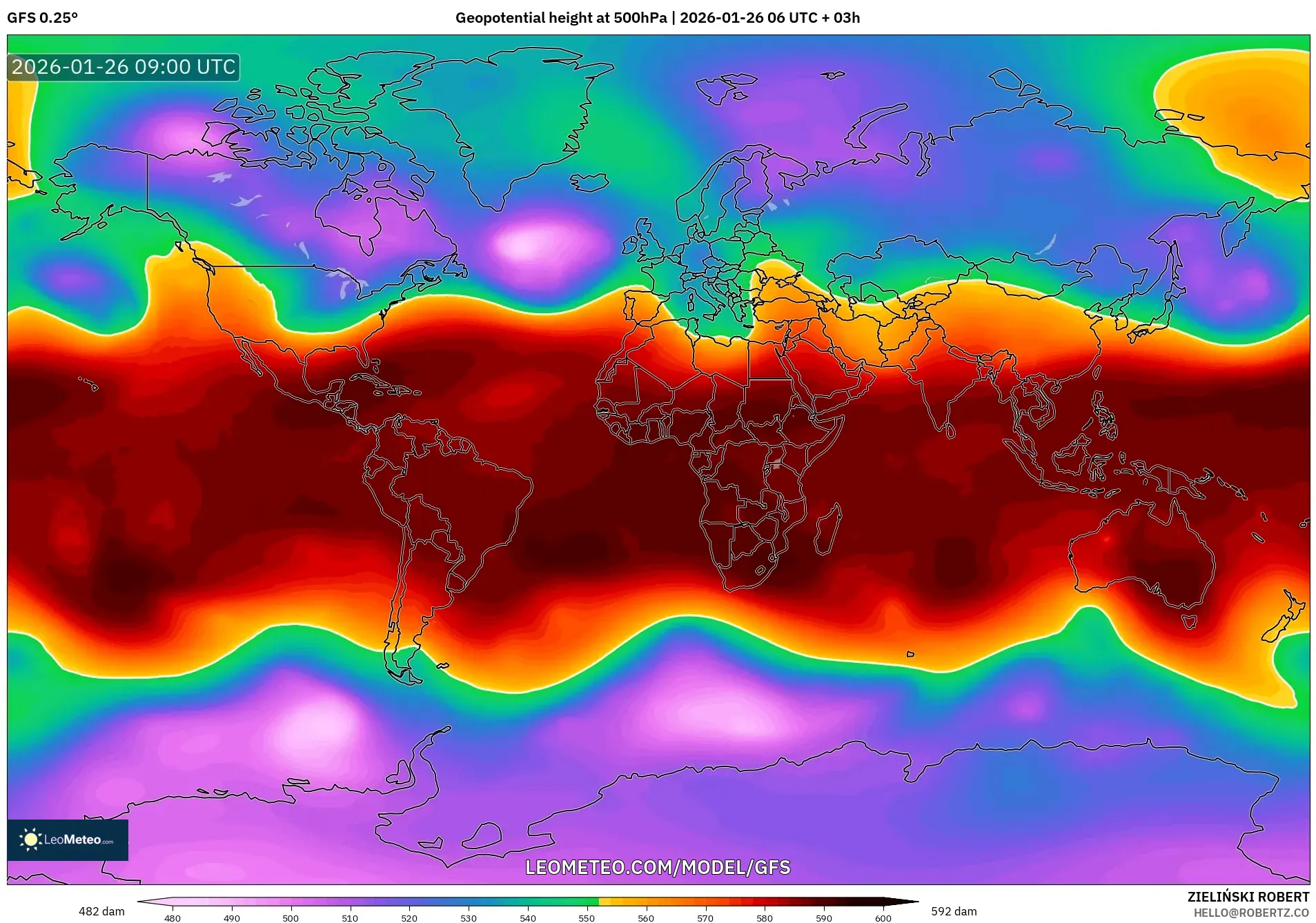 GFS model - Dünya, 500 hPa’da jeopotansiyel yükseklik