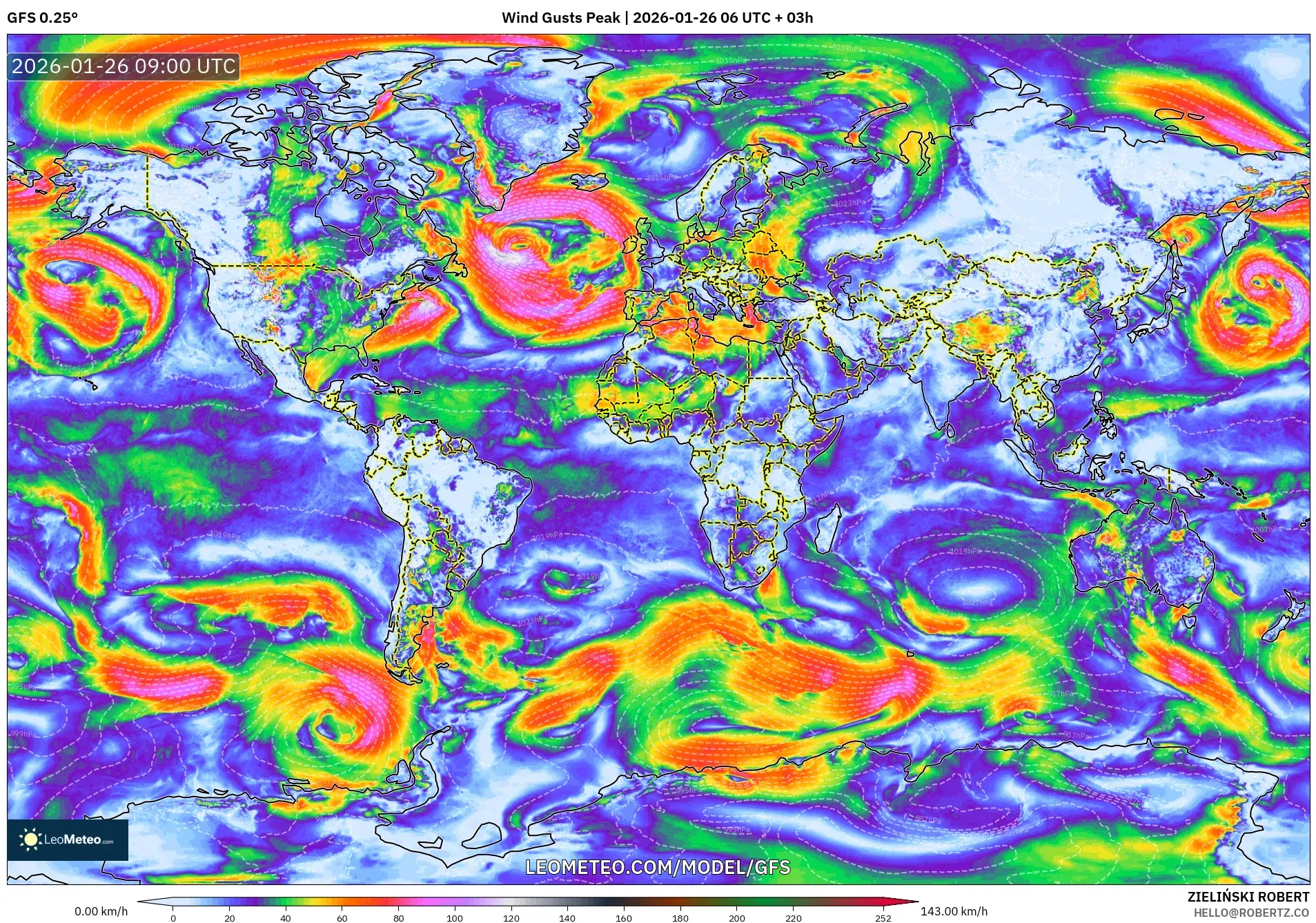 GFS model - Dünya, En Yüksek Rüzgâr