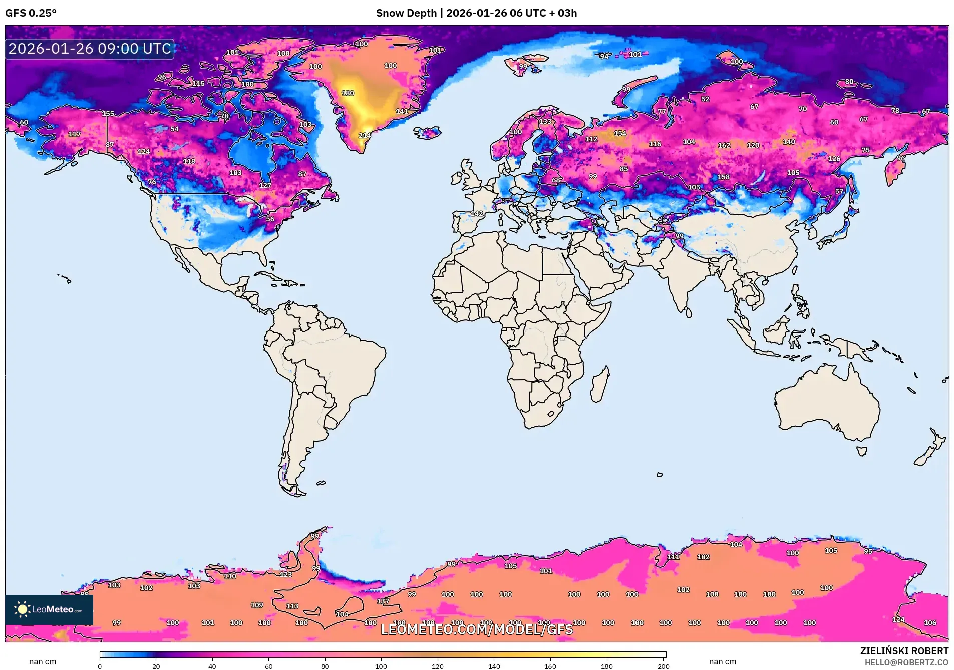 GFS model - Dünya, Kar Kalınlığı