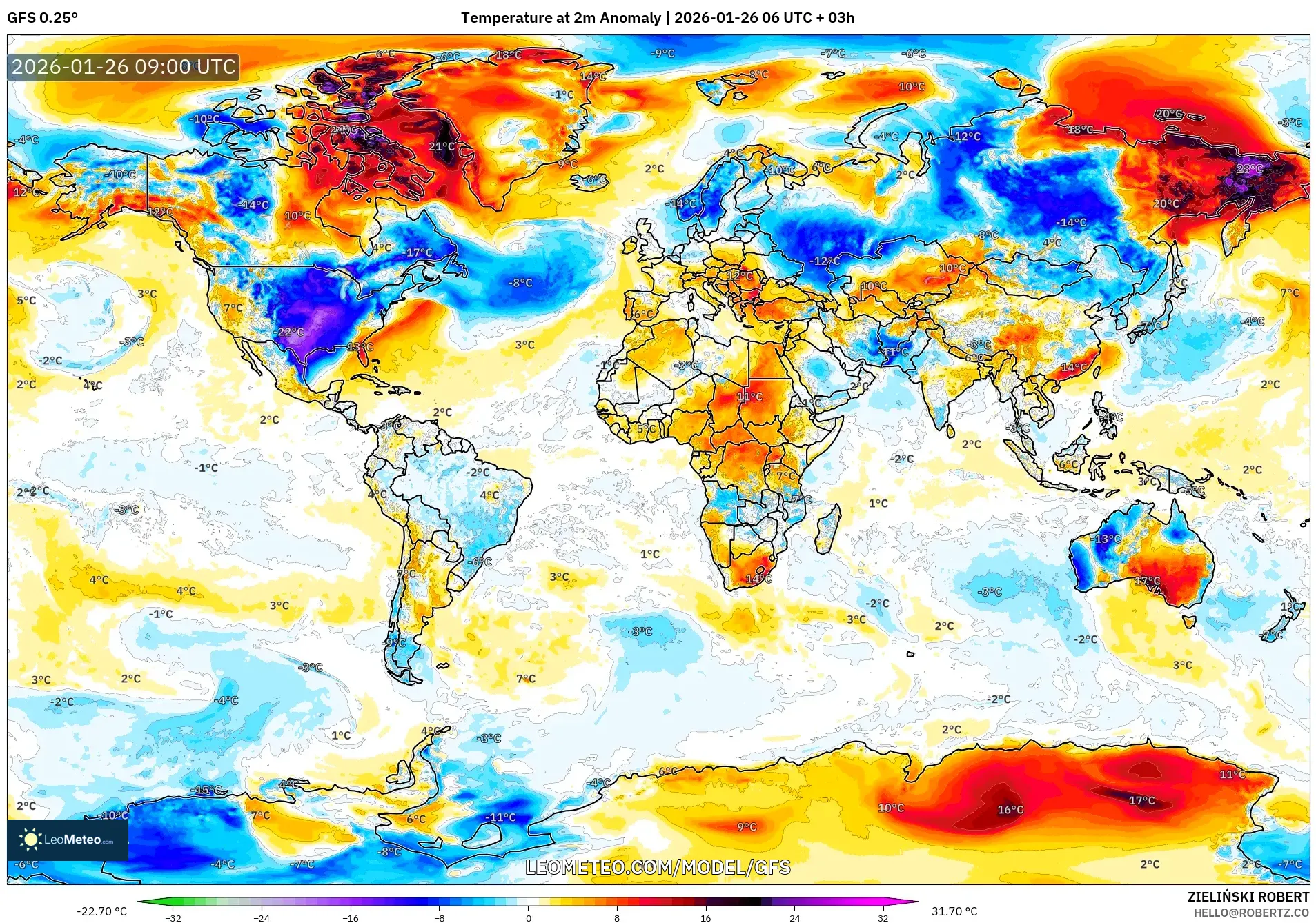 GFS model - Dünya, 2 m Sıcaklık Anomalisi