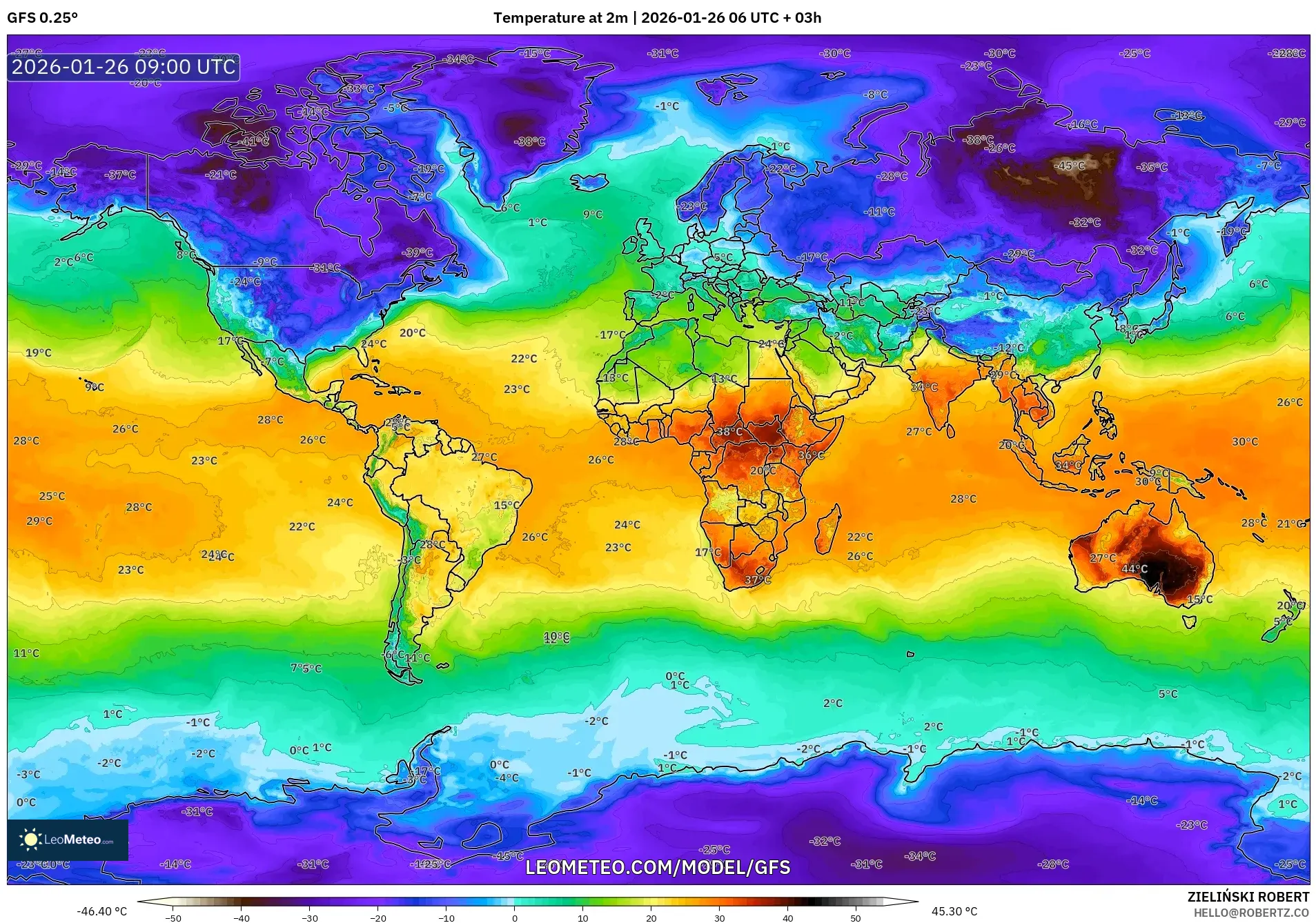 GFS model - Dünya, 2 m Sıcaklık