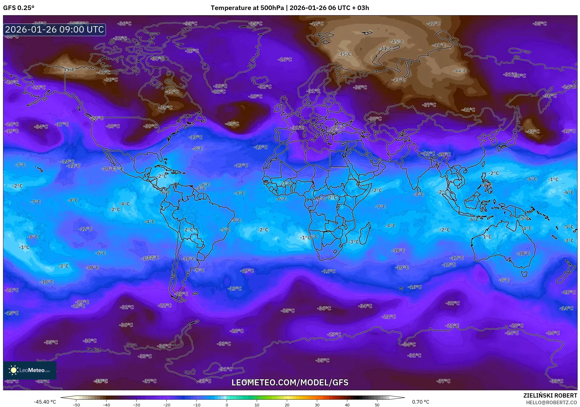 GFS model - Dünya, 500 hPa Sıcaklık