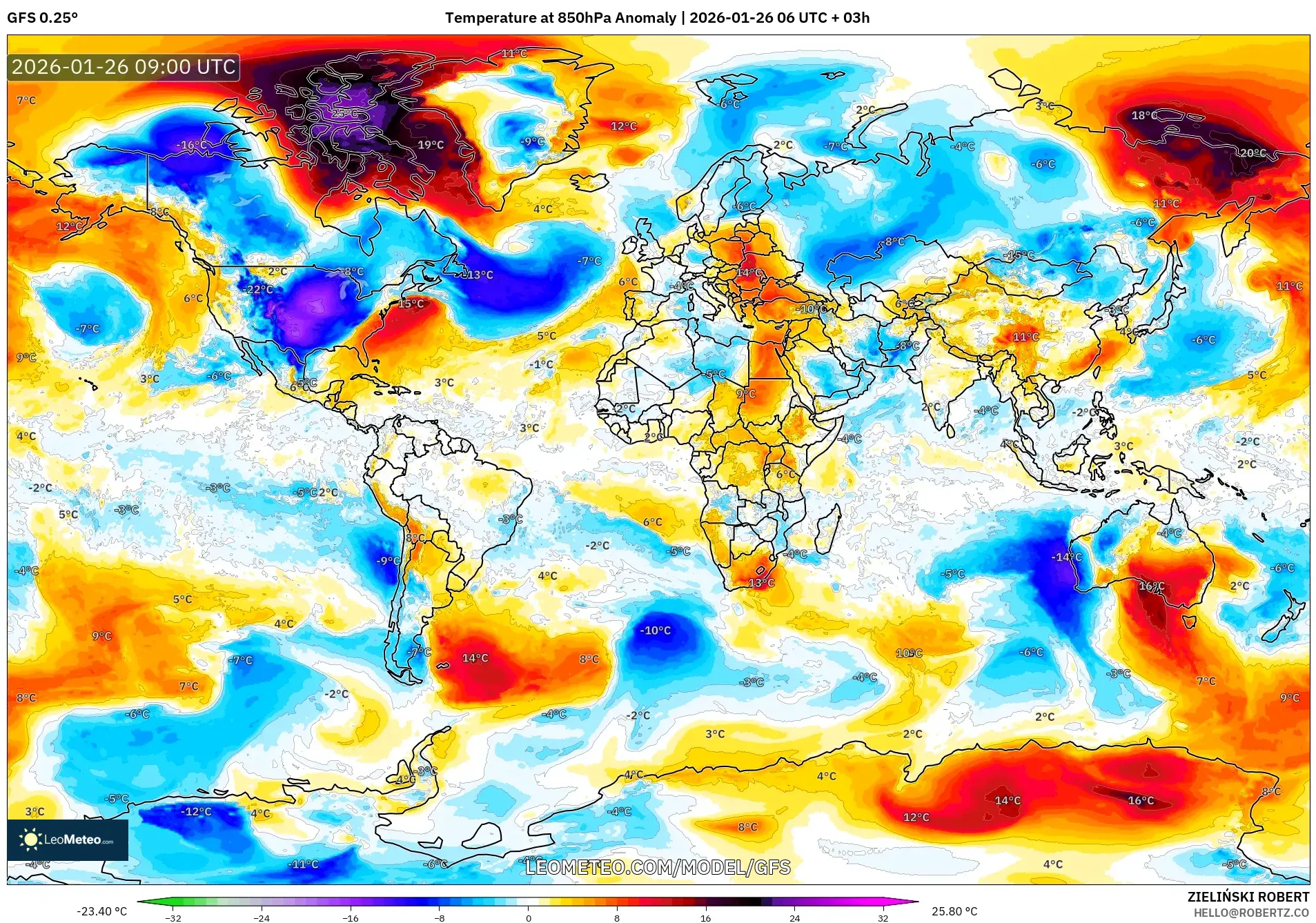 GFS model - Dünya, 850 hPa Sıcaklık Anomalisi