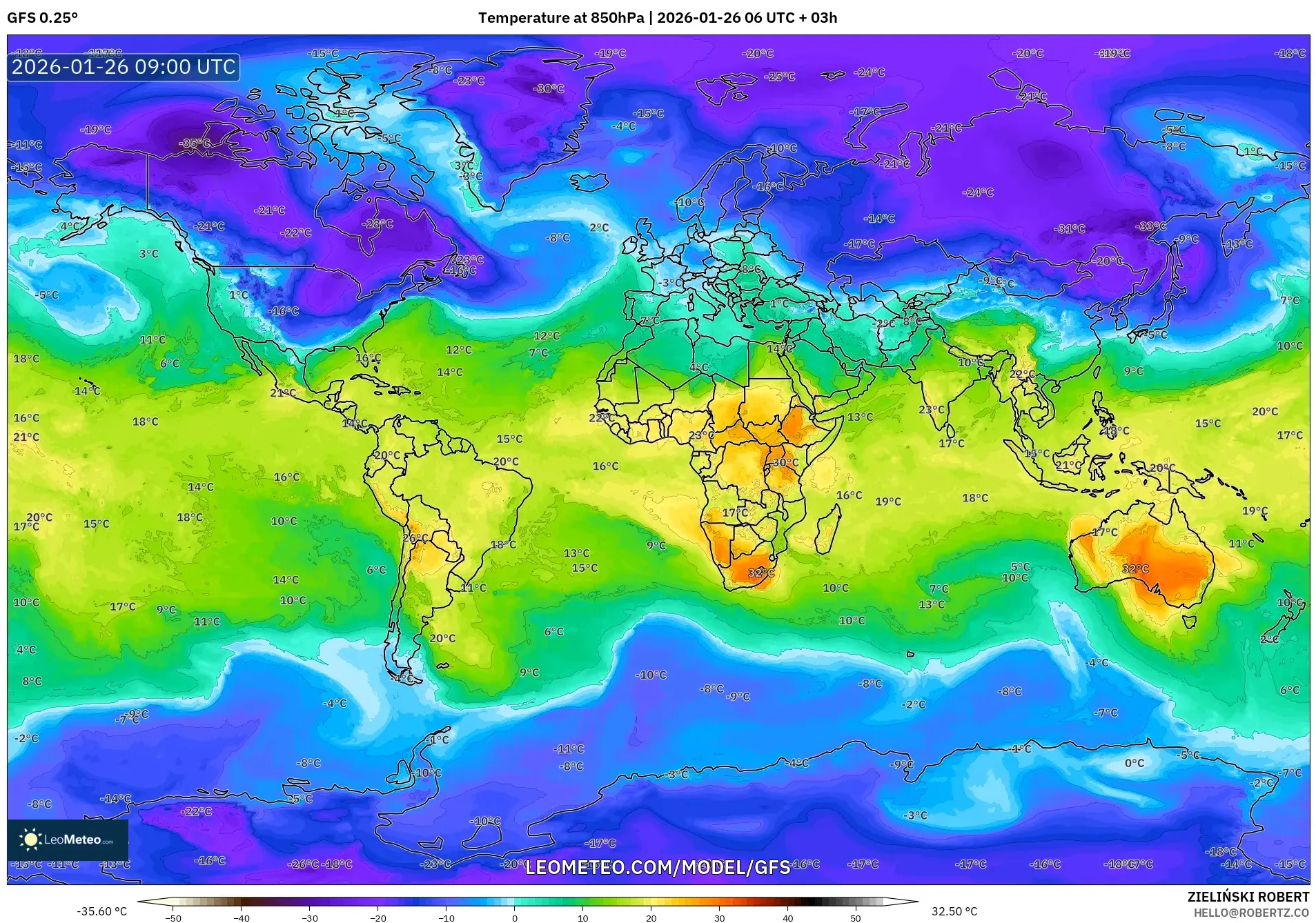 GFS model - Dünya, 850 hPa Sıcaklık