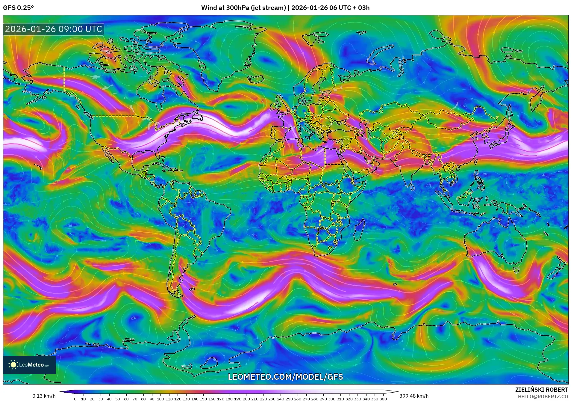 GFS model - Dünya, 300 hPa Rüzgârı (jet)