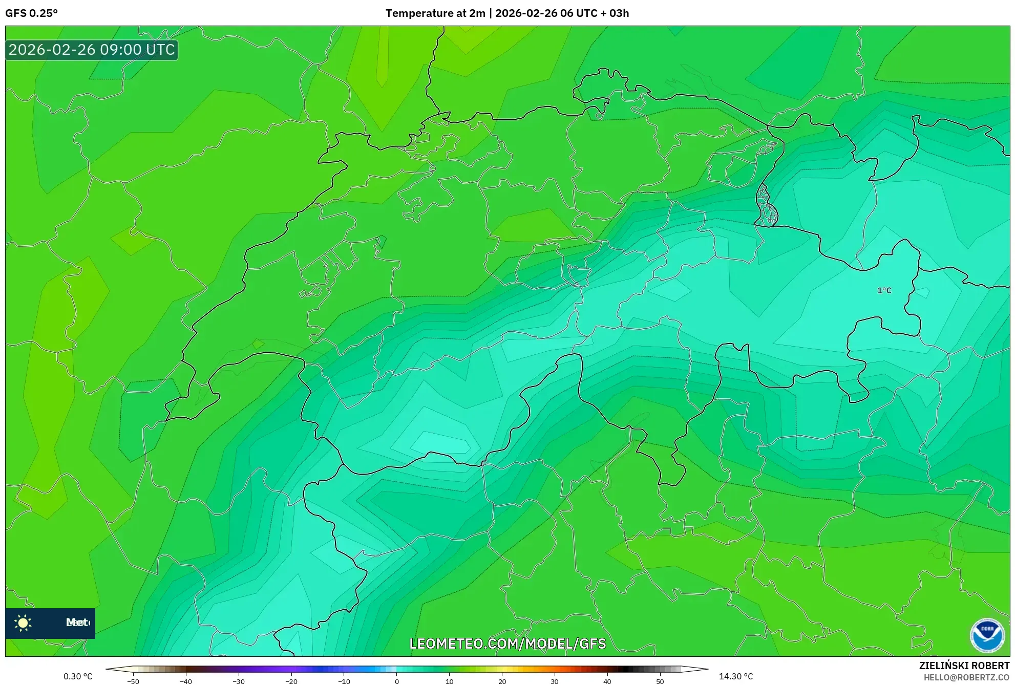 GFS model - İsviçre, 2 m Sıcaklık