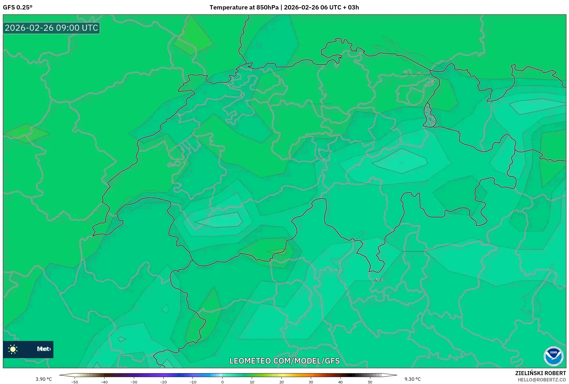 GFS model - İsviçre, 850 hPa Sıcaklık