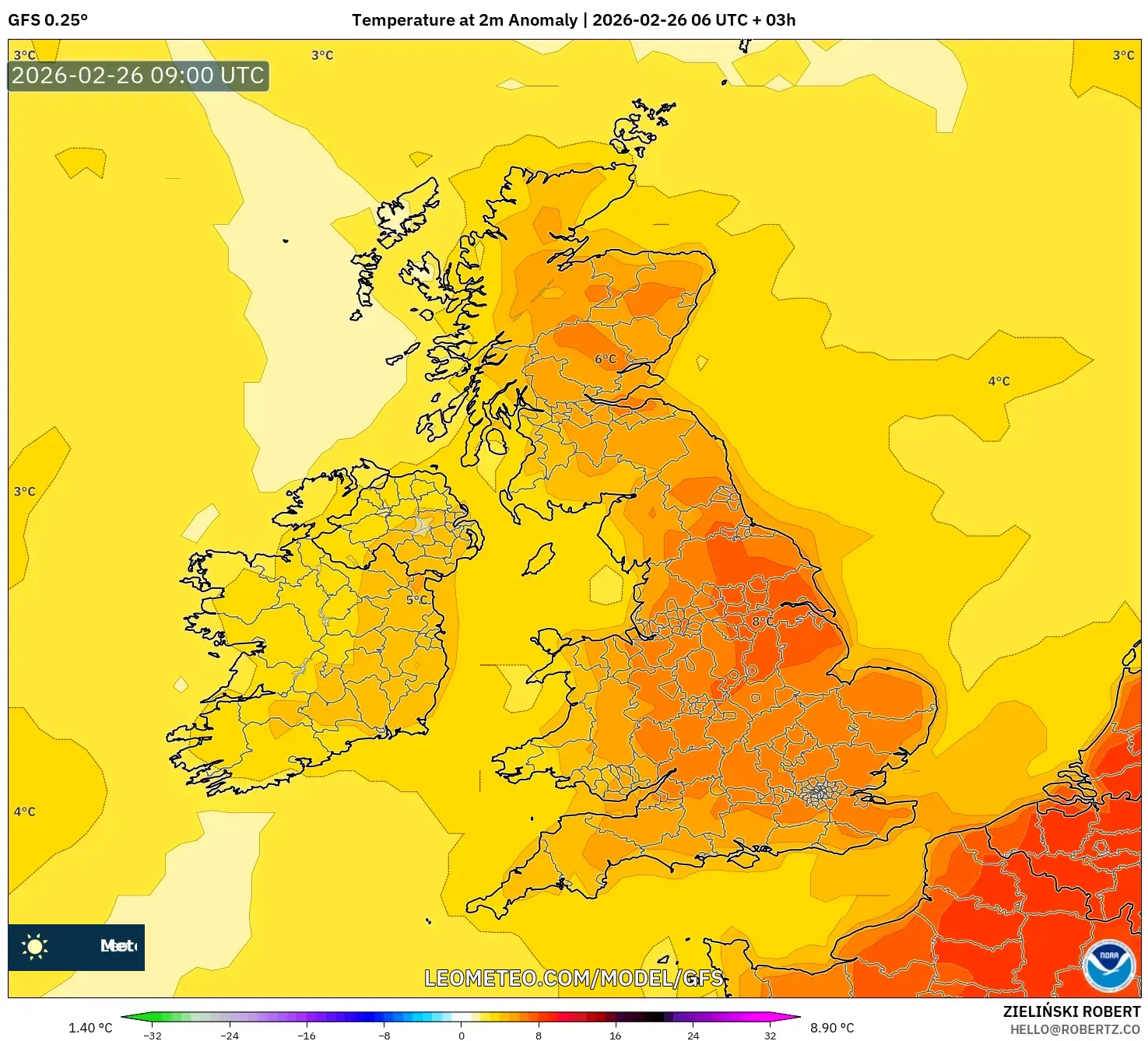 GFS model - Birleşik Krallık, 2 m Sıcaklık Anomalisi